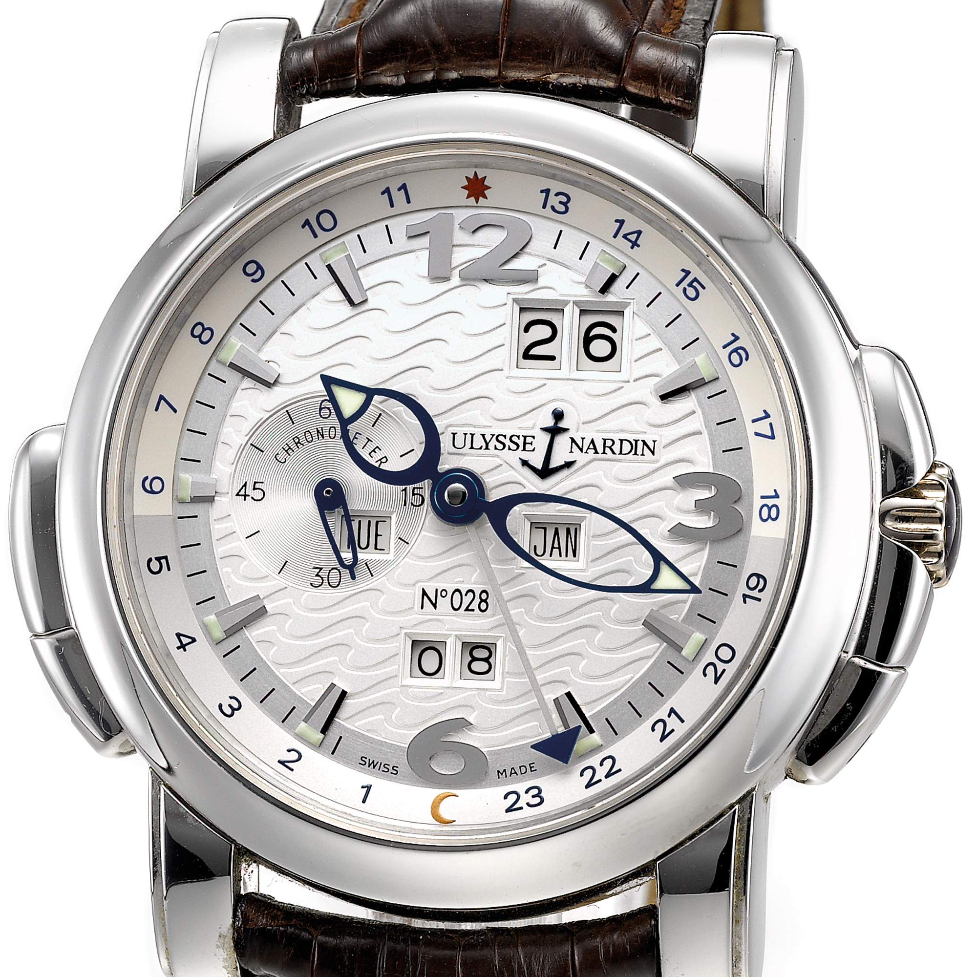 Ulysee Nardin, A LIMITED EDITION PERPETUAL CALENDAR AUTOMATIC WRISTWATCH WITH OVERSIZED DATE AND GMT INDICATION CIRCA 2007 PERPETUAL CALENDAR GMT+/- NO 28/500