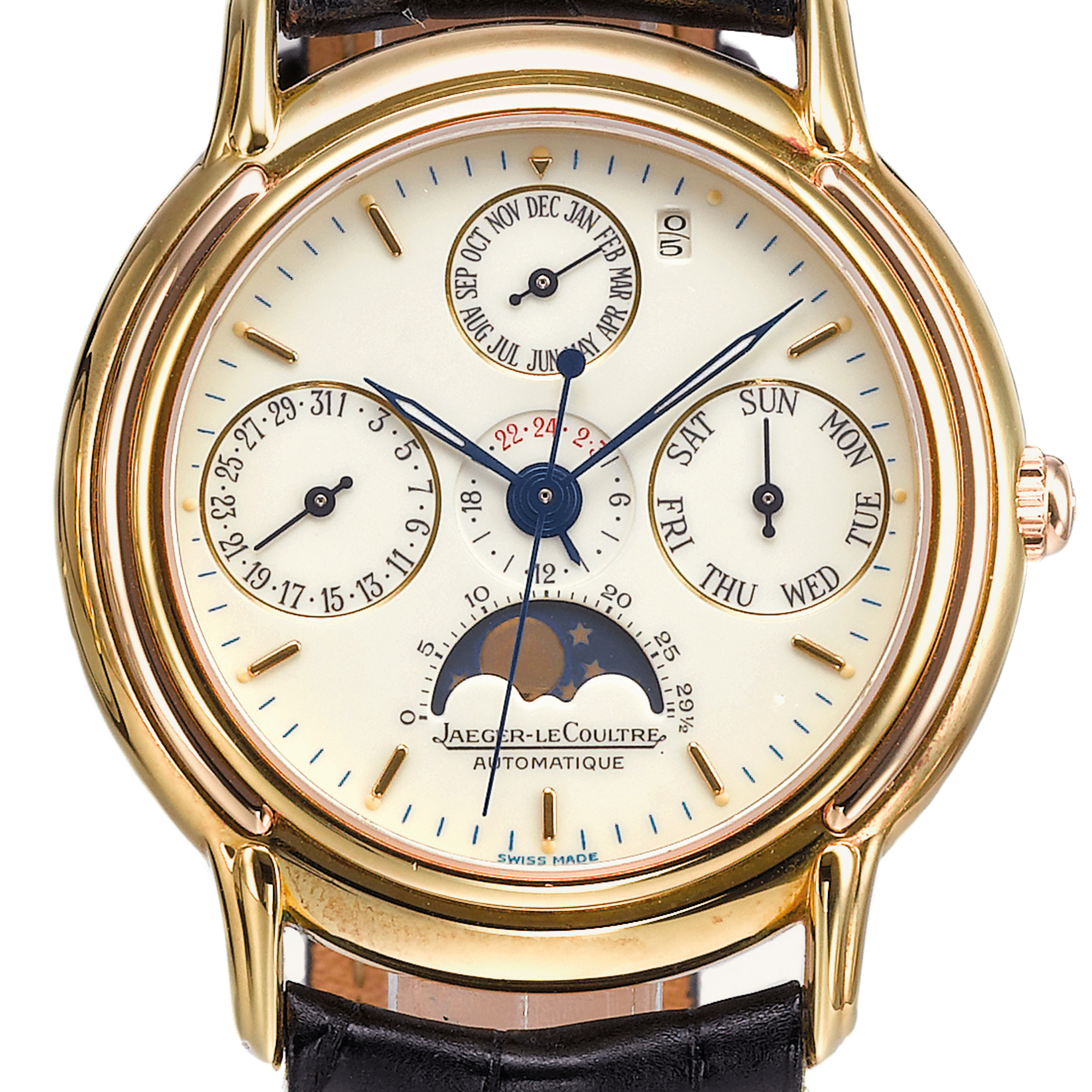 Jaeger-Lecoultre, A YELLOW GOLD AUTOMATIC CENTER SECONDS PERPETUAL CALENDAR WRISTWATCH WITH MOON-PHASES, YEAR AND 24-HOUR INDICATION CIRCA 1995 ODYSSEUS