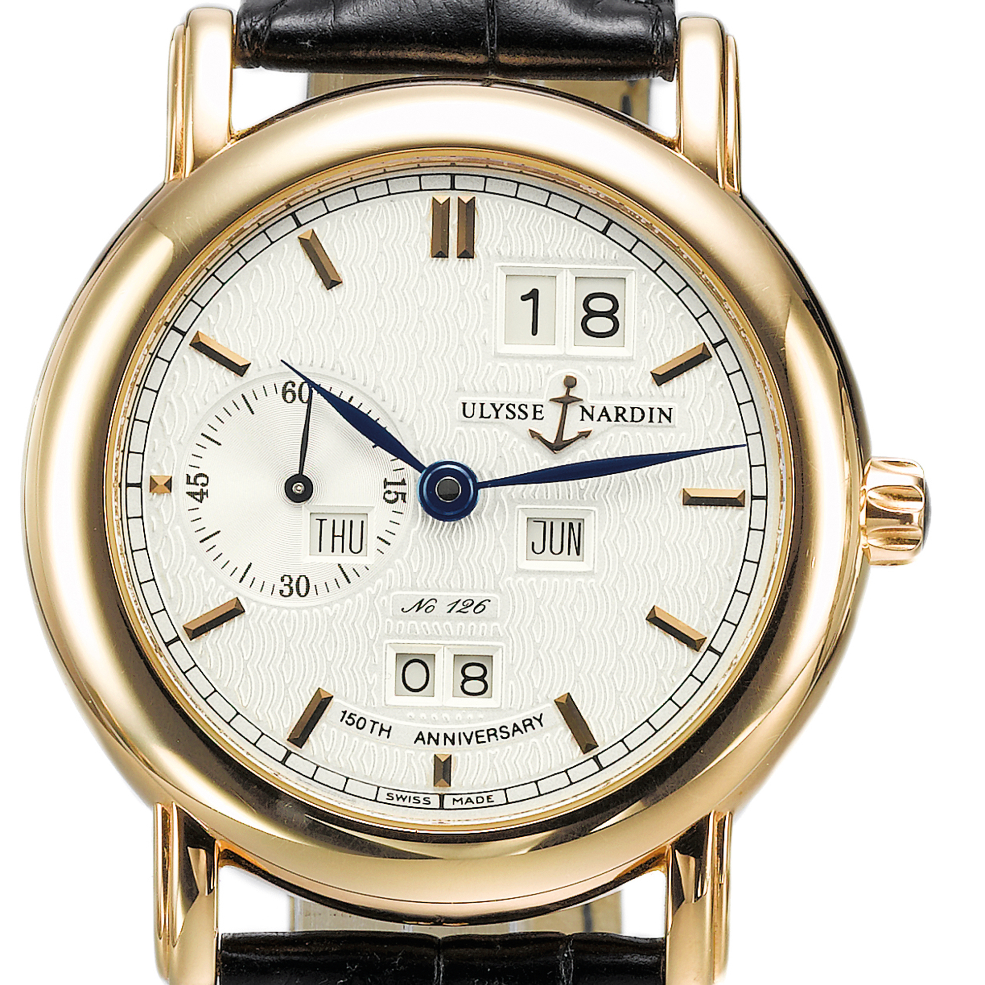 Ulysse Nardin, A LIMITED EDITIOIN YELLOW GOLD AUTOMATIC PERPETUAL CALENDAR WRISTWATCH WITH OVERSIZED DATE AND YEAR INDICATION CIRCA 1996 150TH ANNIVERSARY NO 126/150