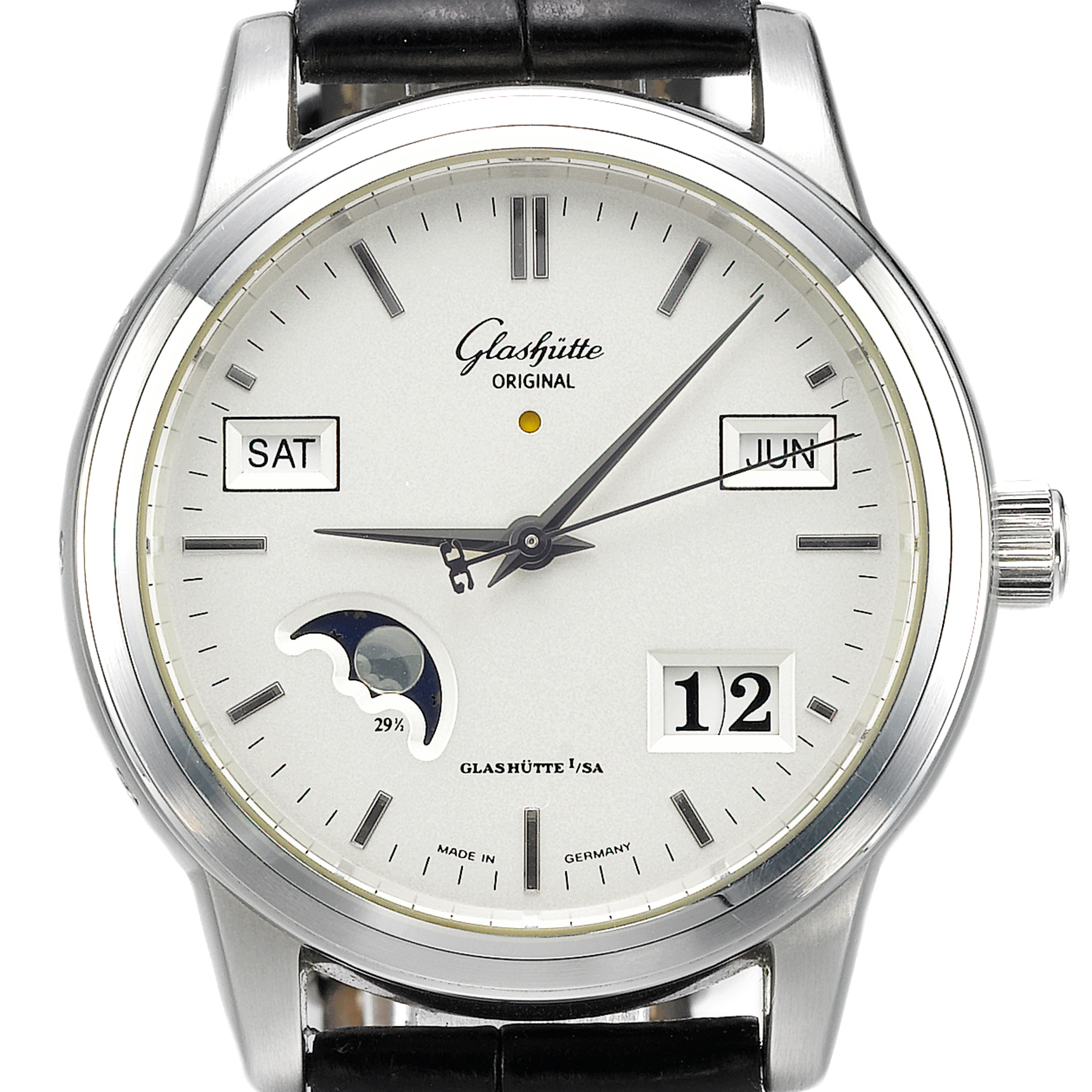 Glashütte Original, A STAINLESS STEEL AUTOMATIC CENTER SECONDS PERPETUAL CALENDAR WRISTWATCH WITH MOON-PHASES AND LEAP YEAR INDICATION CIRCA 2005 SENATOR
