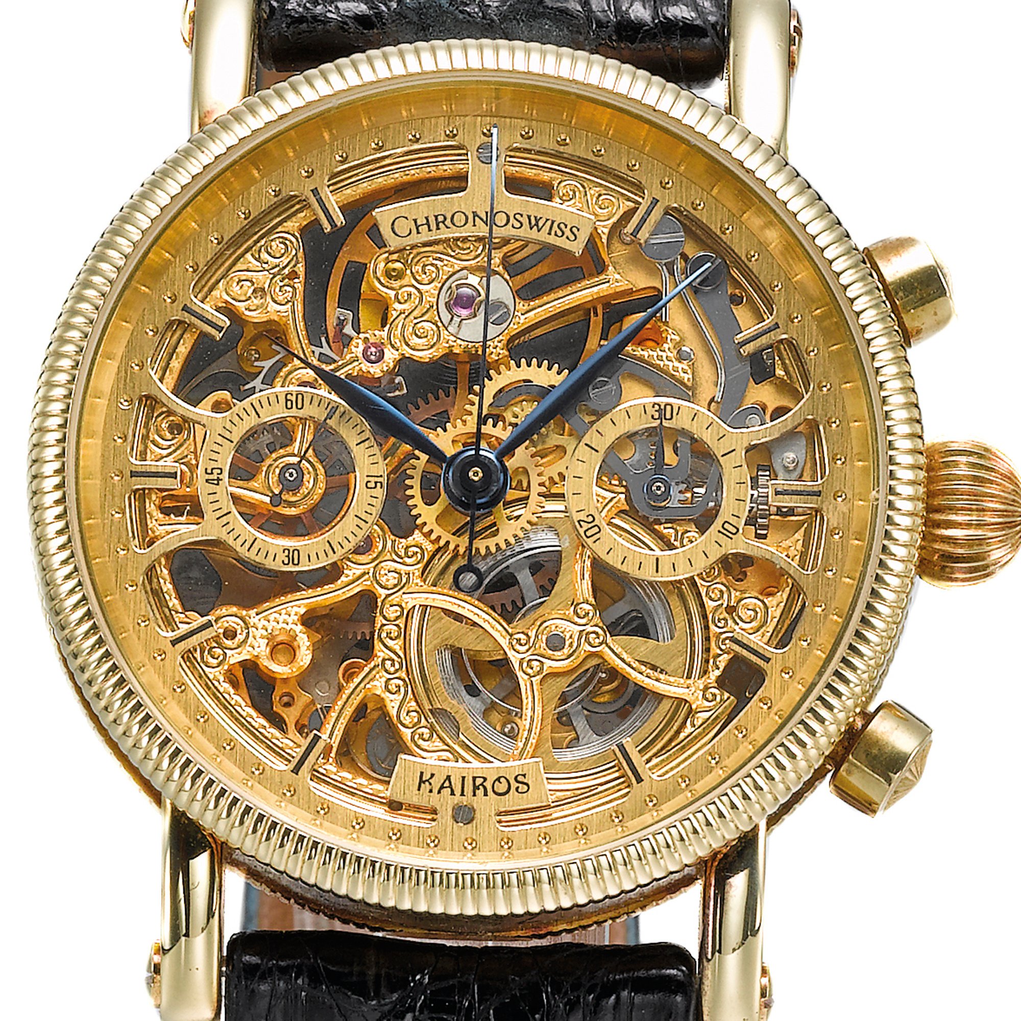 Chronoswiss, A LIMITED EDITION YELLOW GOLD SKELETONIZED CHRONOGRAPH WRISTWATCH WITH REGISTER CIRCA 1990 NO 044/600