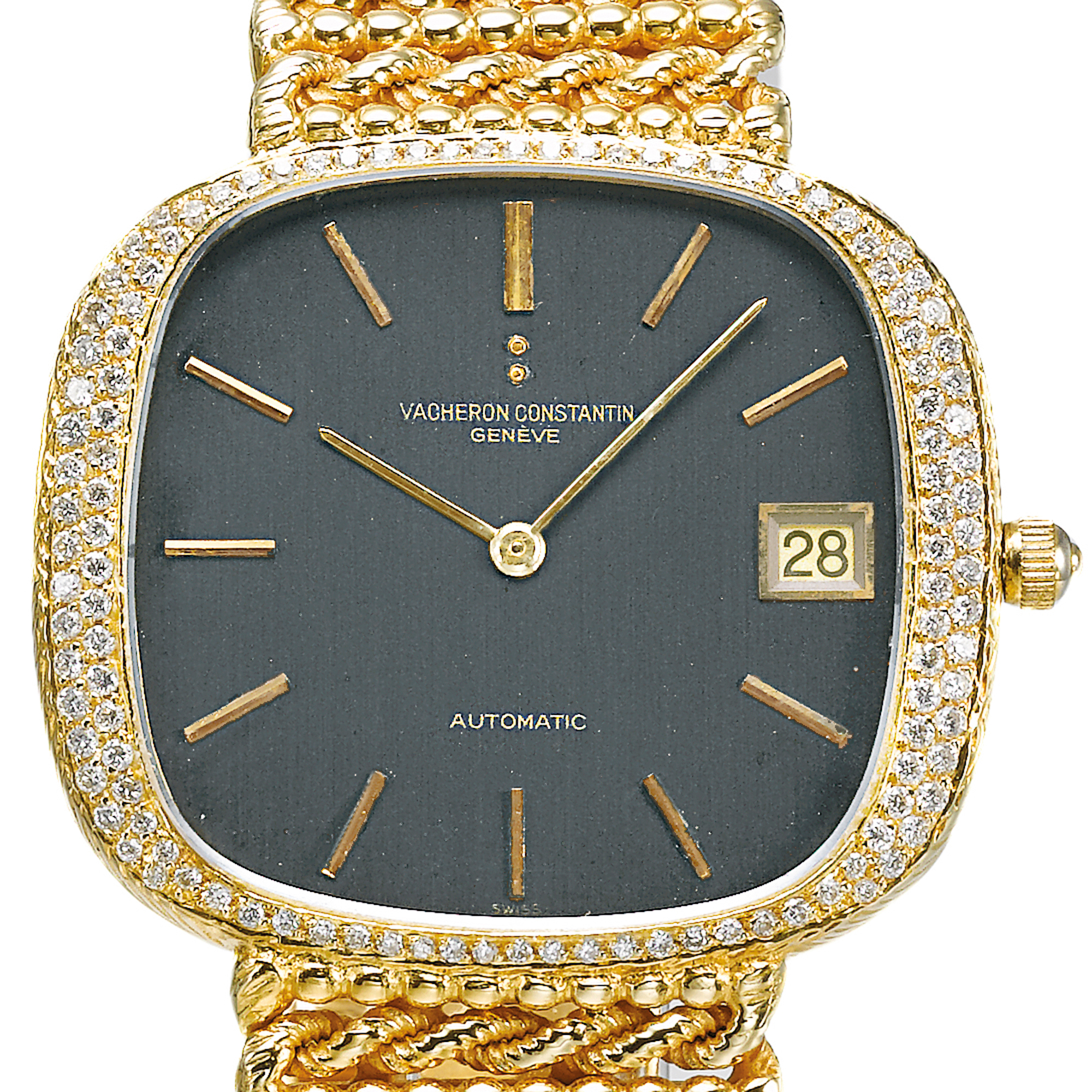 Vacheron Constantin, A YELLOW GOLD AND DIAMOND SET CUSHION FORM AUTOMATIC BRACELET WATCH WITH DATE CIRCA 1975