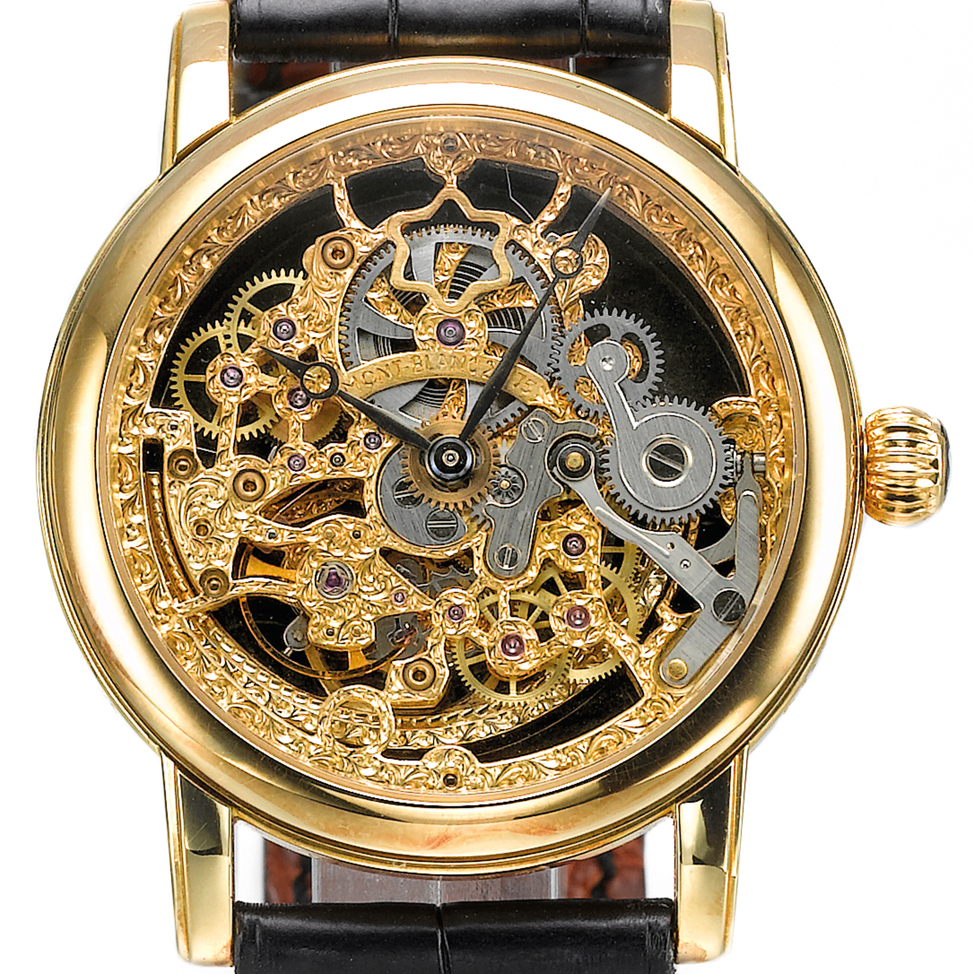 Montblanc, A LIMITED EDITION YELLOW GOLD AUTOMATIC SKELETONIZED WRISTWATCH CIRCA 2000 75TH ANNIVERSARY MEISTERSTÜCK NO 29/75