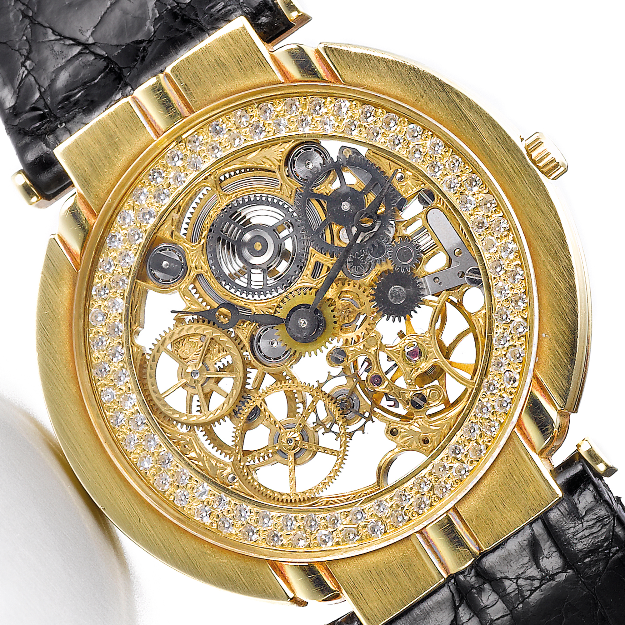 Piaget, A YELLOW GOLD AND DIAMOND SET SKELETONIZED WRISTWATCH CIRCA 1980