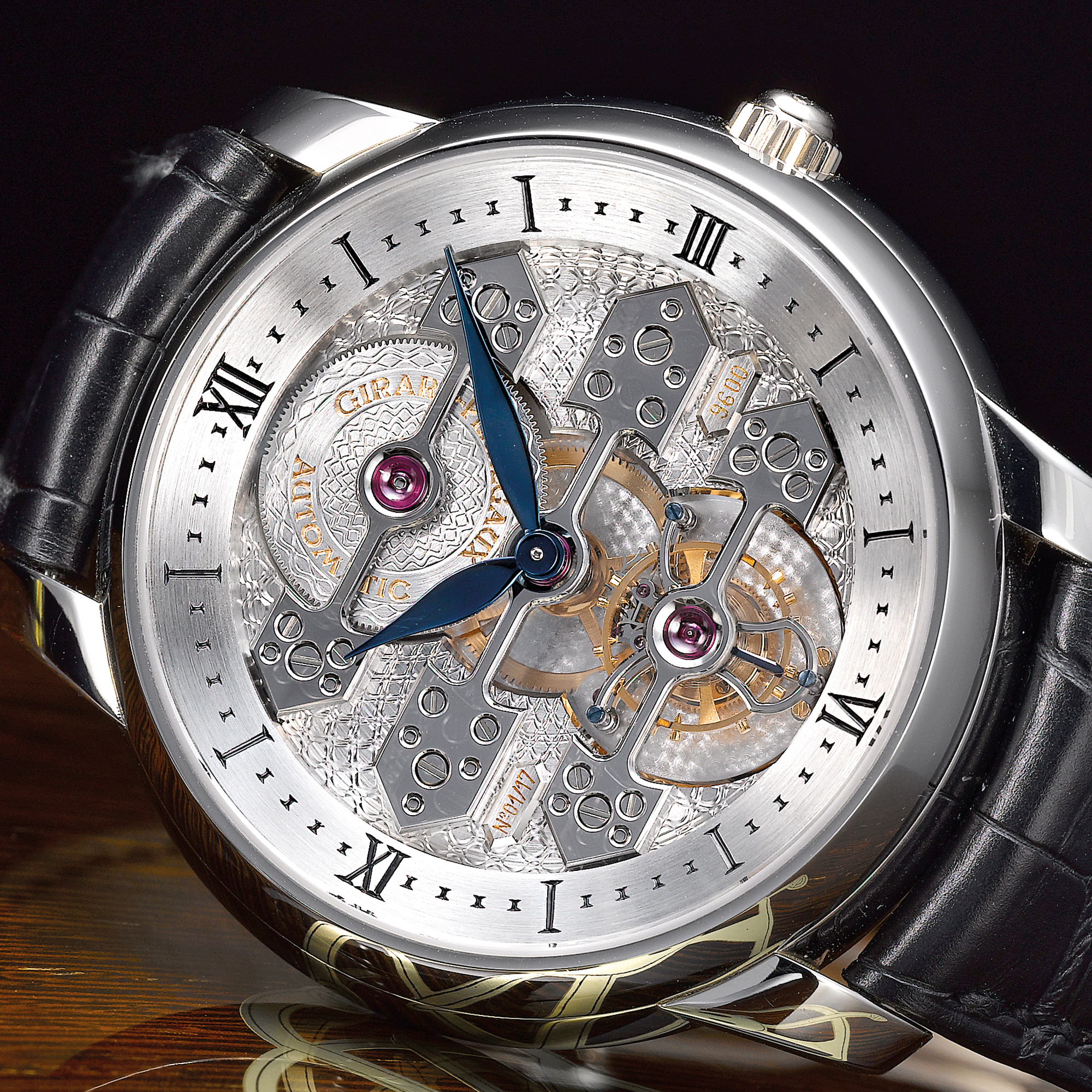 Girard-Perregaux, A FINE AND RARE PLATINUM AUTOMATIC TOURBILLON WRISTWATCH WITH THREE PLATINUM BRIDGES CIRCA 1998 TOURBILLON SOUS TROIS POINTS NO 01/17