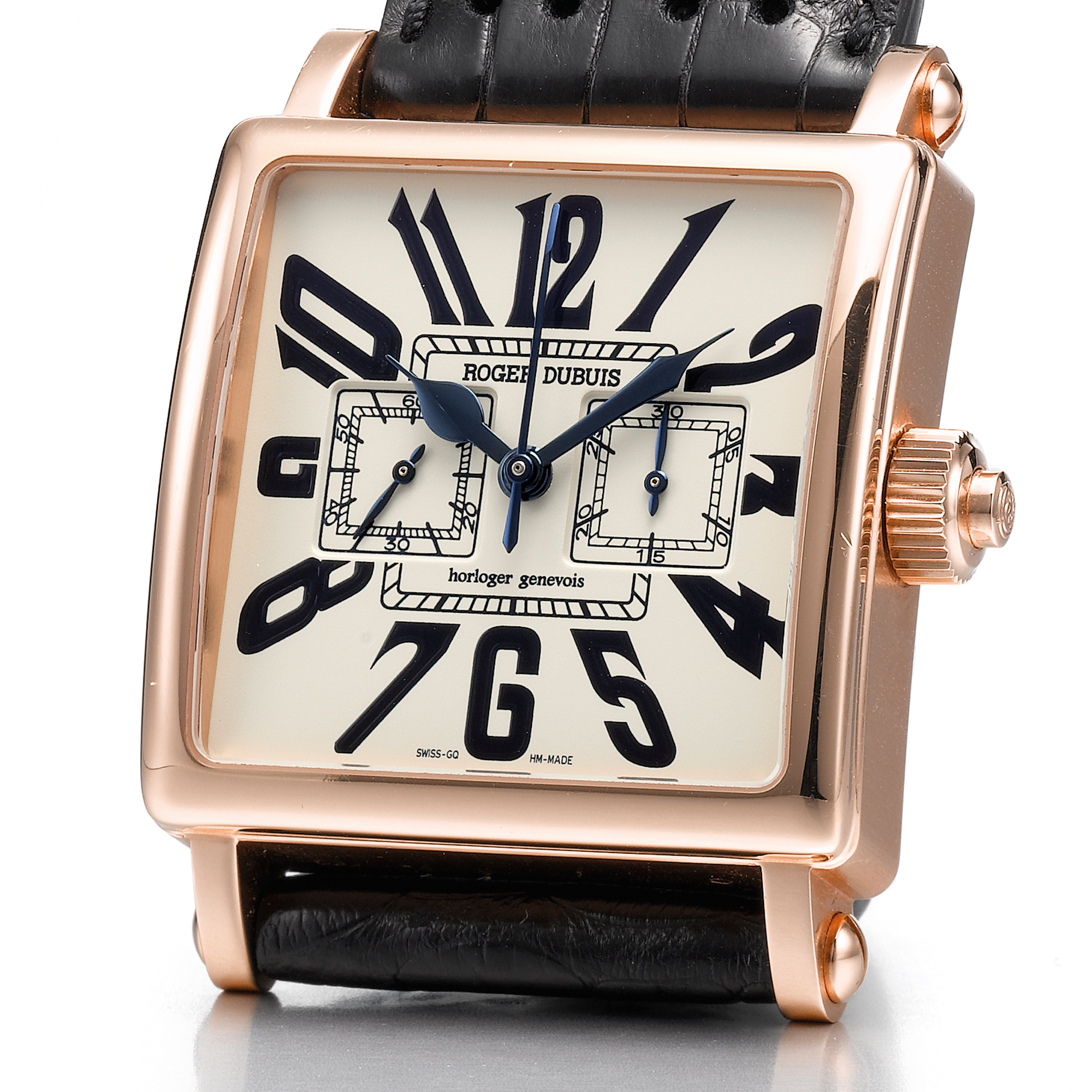 Roger Dubuis, A LIMITED EDITION PINK GOLD SQUARE SINGLE BUTTON CHRONOGRAPH WRISTWATCH WITH REGISTER CIRCA 2005 GOLDEN SQUARE NO 17/28