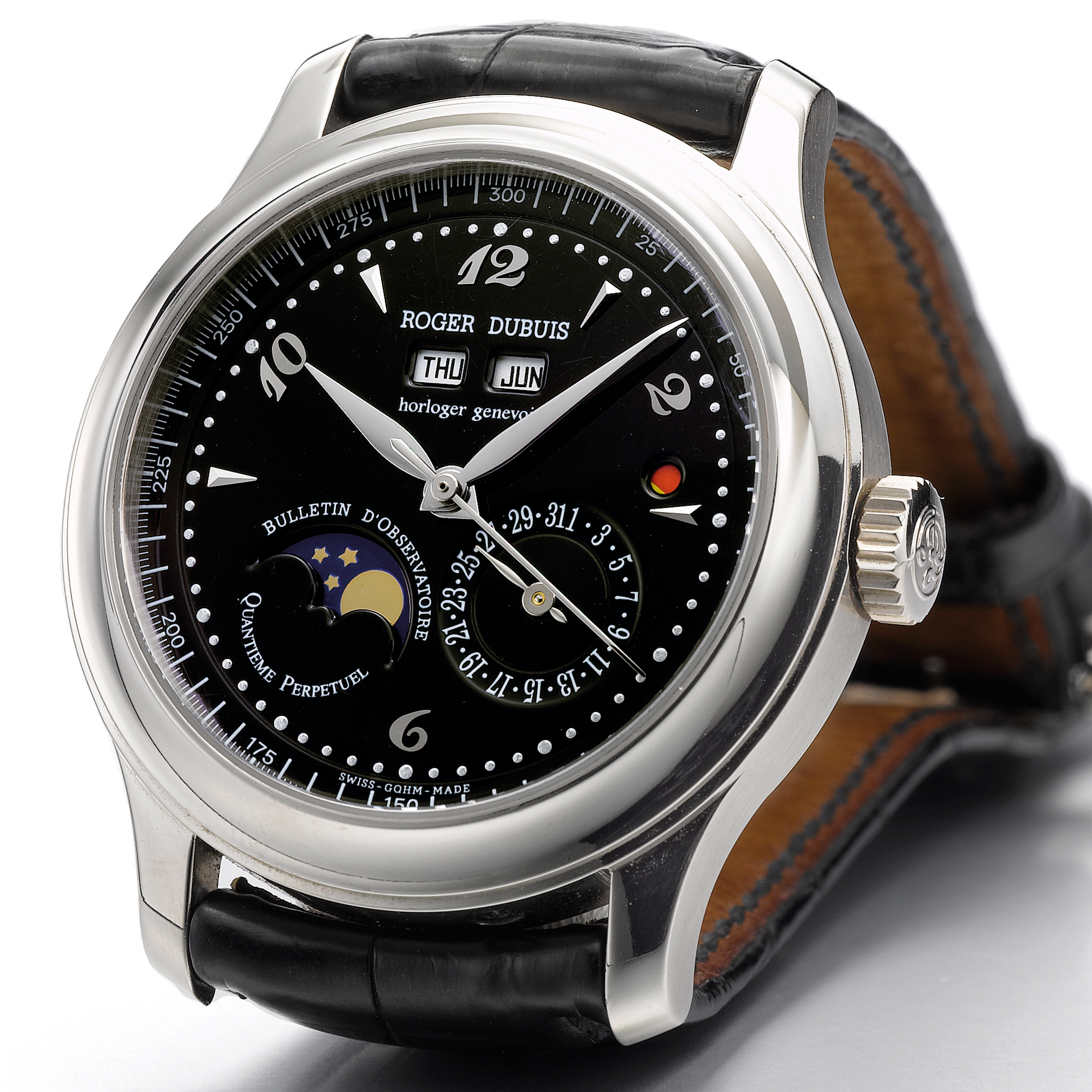 Roger Dubuis, A WHITE GOLD PERPETUAL CALENDAR AUTOMATIC CENTER SECONDS WRISTWATCH WITH AND MOON-PHASES AND LEAP YEAR INDICATION CIRCA 2005 HOMMAGE N0 205
 