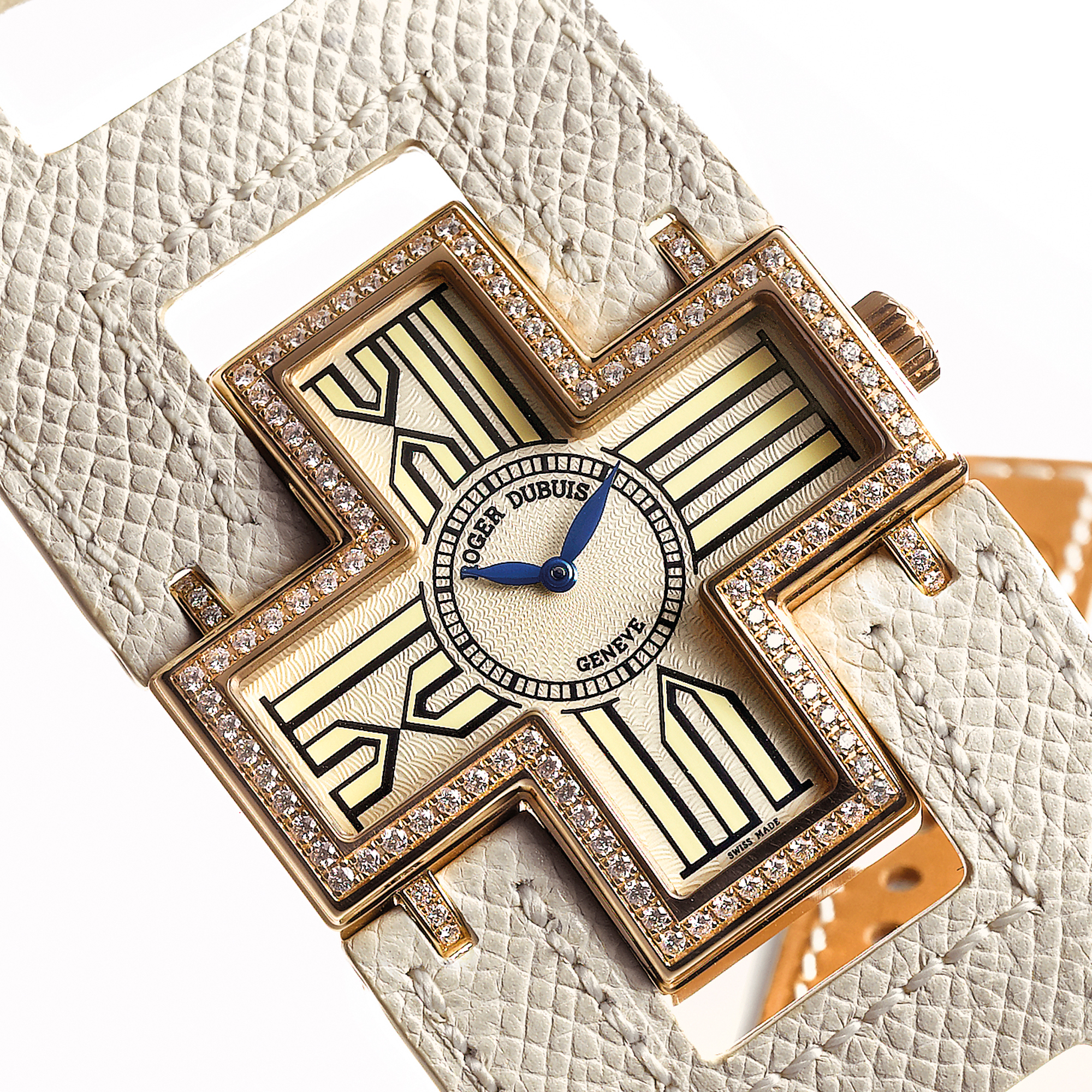 ROGER DUBUIS, A LADY'S LIMITED EDITION PINK GOLD AND DIAMOND SET CROSS-SHAPED WRISTWATCH CIRCA 2007 FOLLOW ME NO 006/888