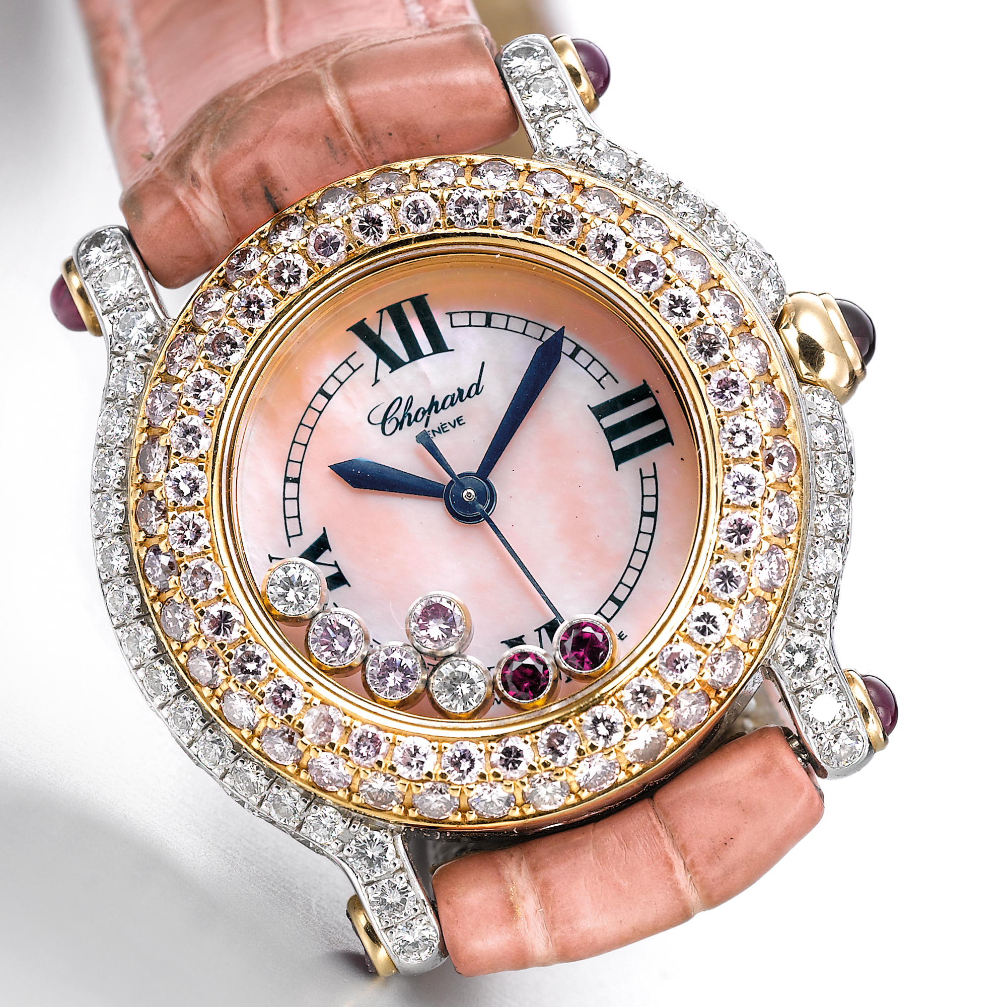 Chopard, A LADY'S TWO COLOR GOLD, DIAMOND, PINK DIAMOND AND RUBY SET CENTER SECONDS WRISTWATCH WITH MOTHER-OF-PEARL DIAL CIRCA 1998 HAPPY SPORT