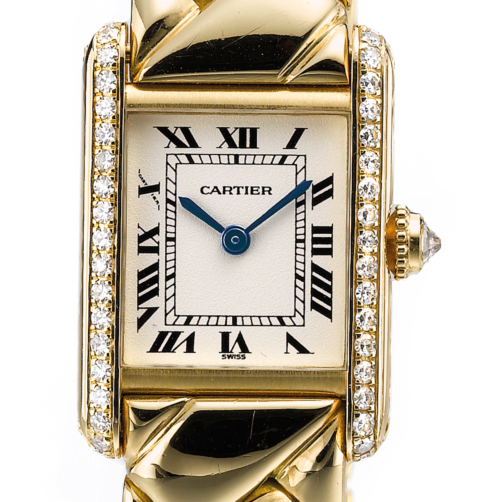 Cartier, A LADY'S YELLOW GOLD AND DIAMOND SET RECTANGULAR WRISTWATCH WITH BRACELET CIRCA 1995 MINI TANK
