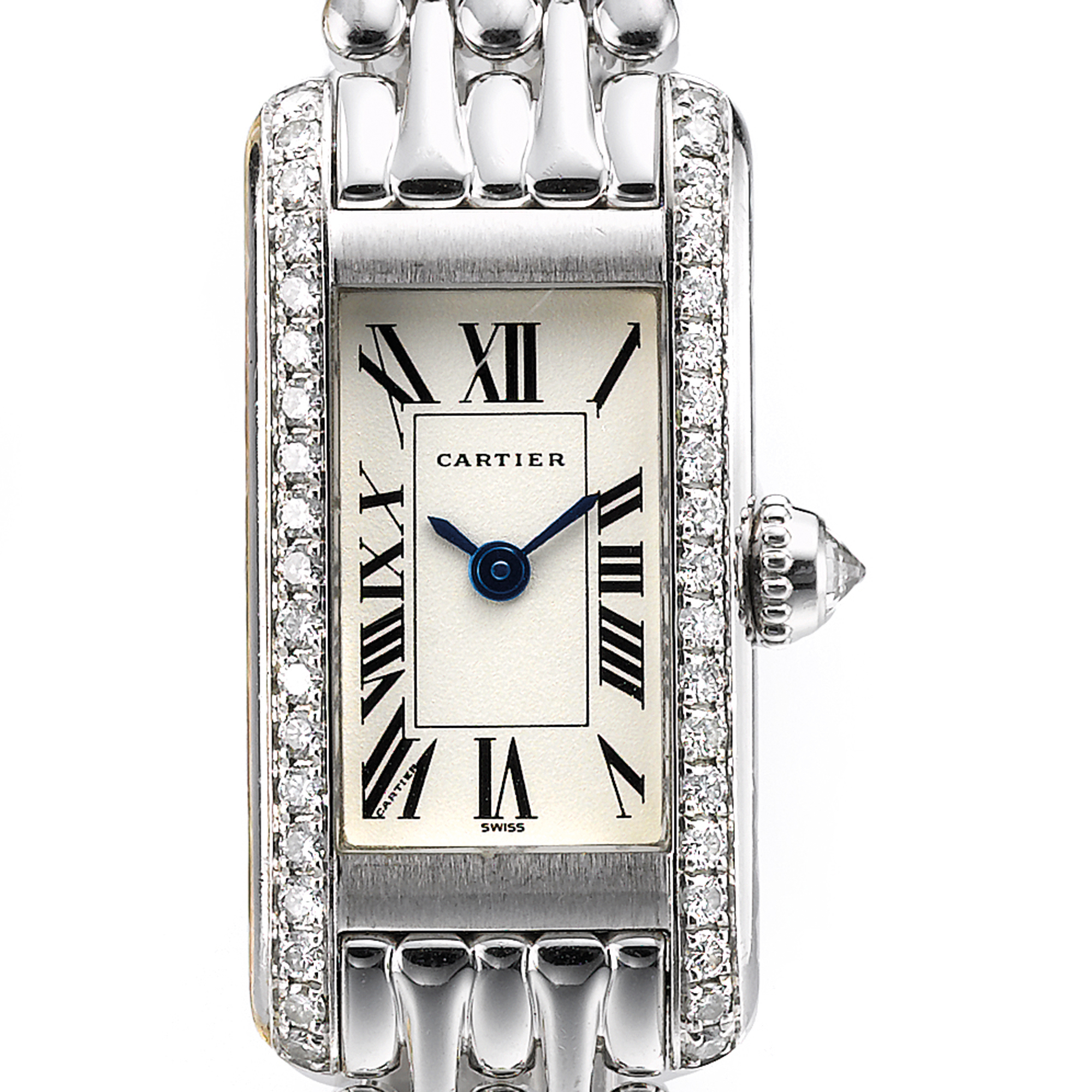 Cartier, A LADY'S FINE WHITE GOLD AND DIAMOND SET RECTANGULAR WRISTWATCH WITH BRACELET CIRCA 2000 MINI TANK ALLONGEE