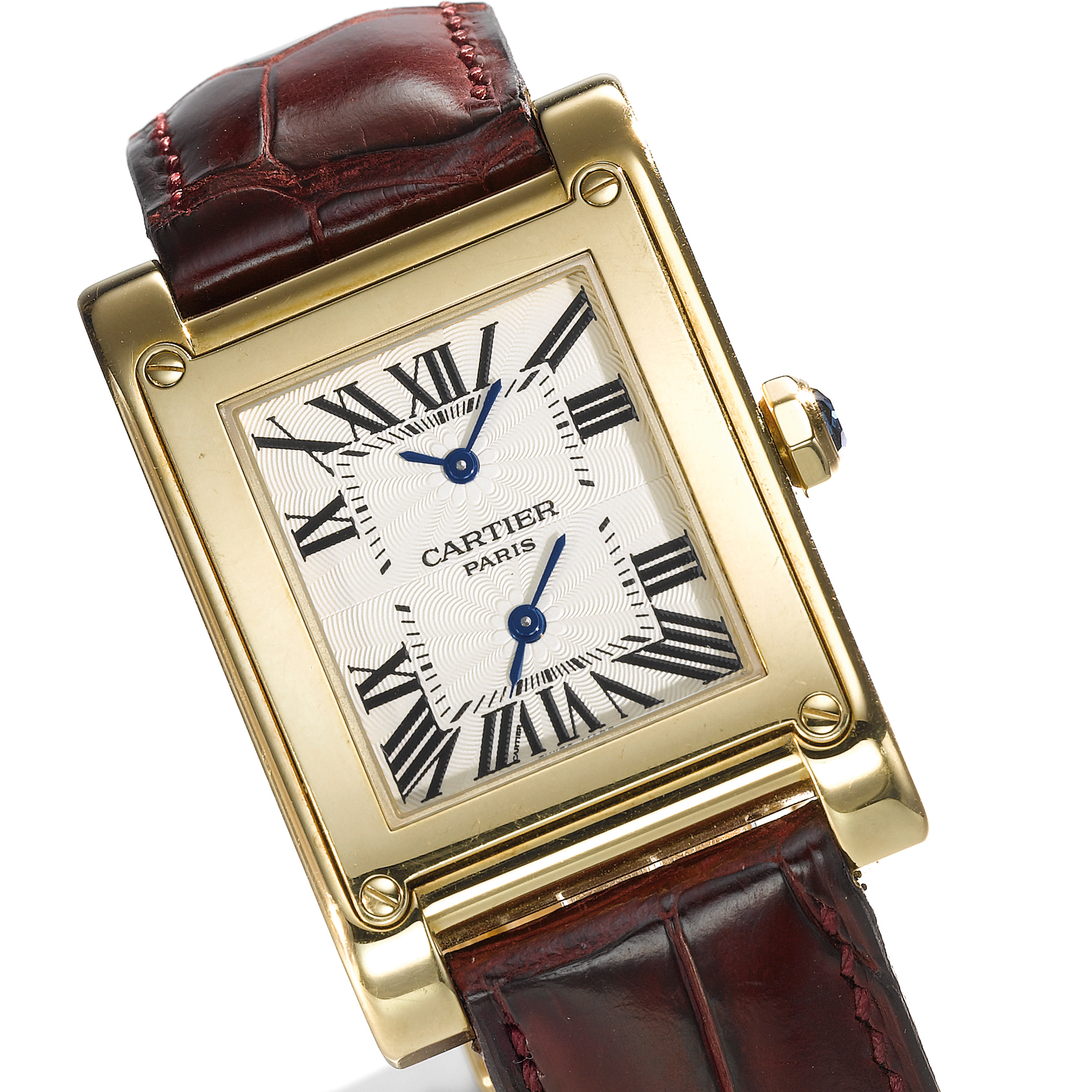 Cartier, A YELLOW GOLD RECTANGULAR DUAL TIME ZONE WRISTWATCHCIRCA 2003 TANK A VIS MG 2551 NO 74