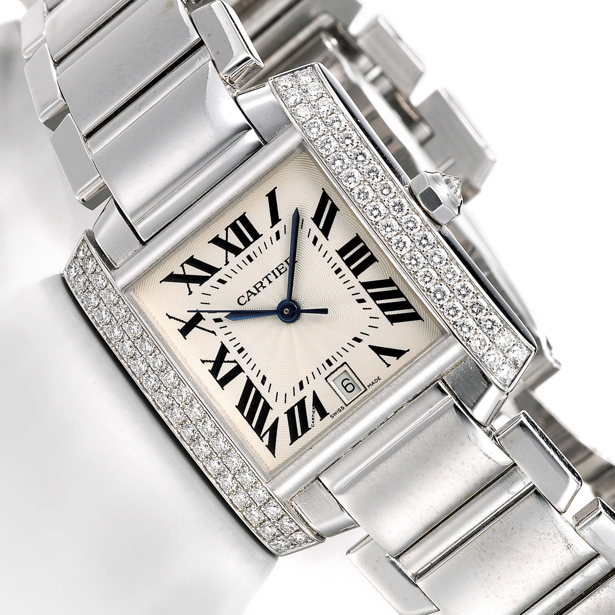 Cartier, A WHITE GOLD AND DIAMOND SET RECTANGULAR AUTOMATIC CENTER SECONDS WRISTWATCH WITH DATE CIRCA 2005 TANK FRANÇAISE