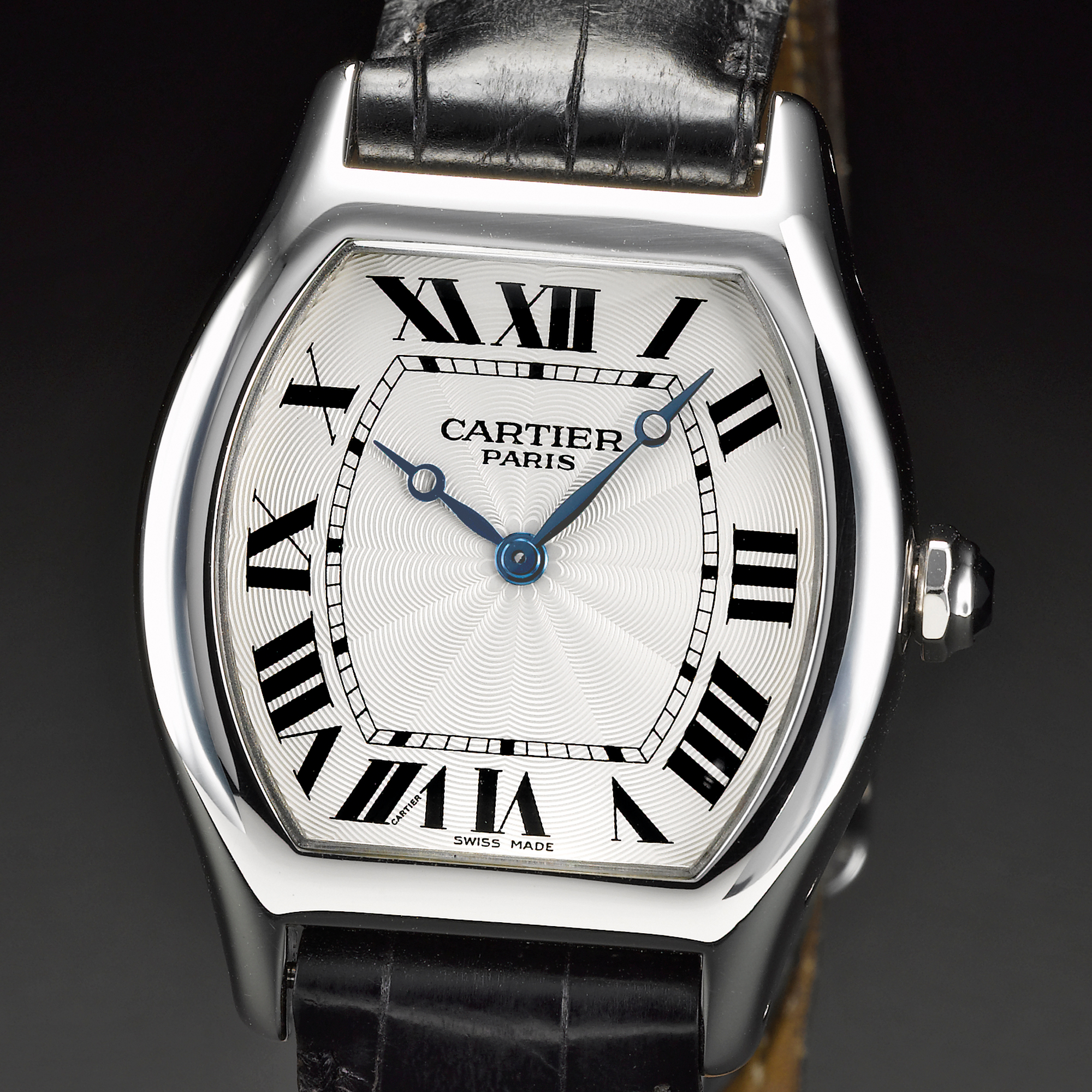 Cartier,  A PLATINUM TONNEAU FORM AUTOMATIC WRISTWATCH CIRCA 2003 TORTUE