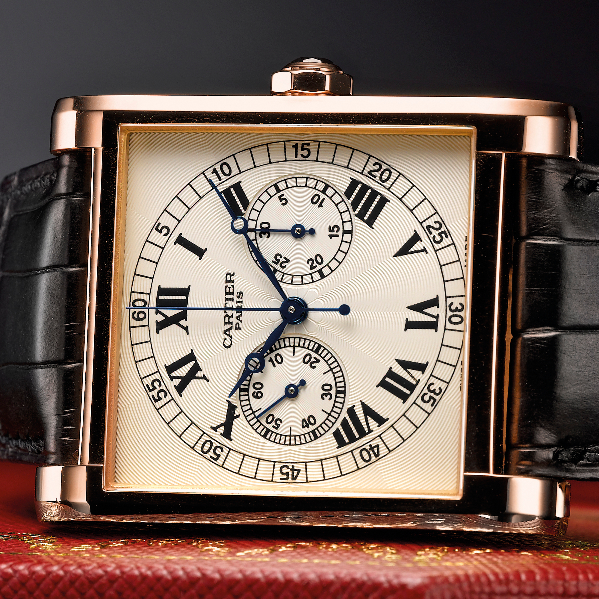 Cartier, A FINE LIMITED EDITION PINK GOLD RECTANGULAR SINGLE BUTTON CHRONOGRAPH WRISTWATCH WITH REGISTER CIRCA 2007 TANK CHRONO MONOPOUSSOIR NO 018/100