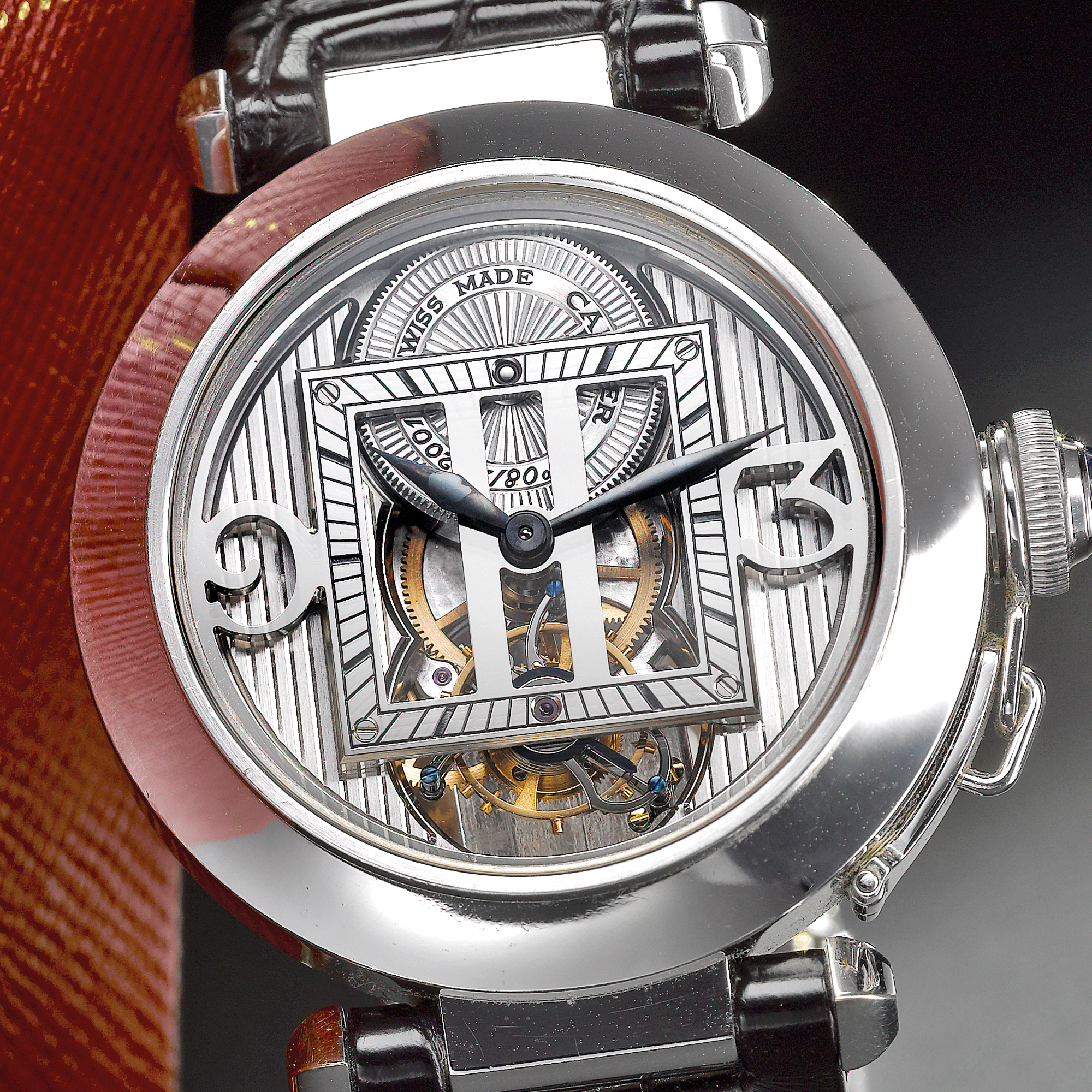 Cartier, A FINE AND RARE WHITE GOLD LIMITED EDITION SEMI-SKELETONIZED ONE MINUTE TOURBILLON WRISTWATCH CIRCA 2001 PASHA 08/20