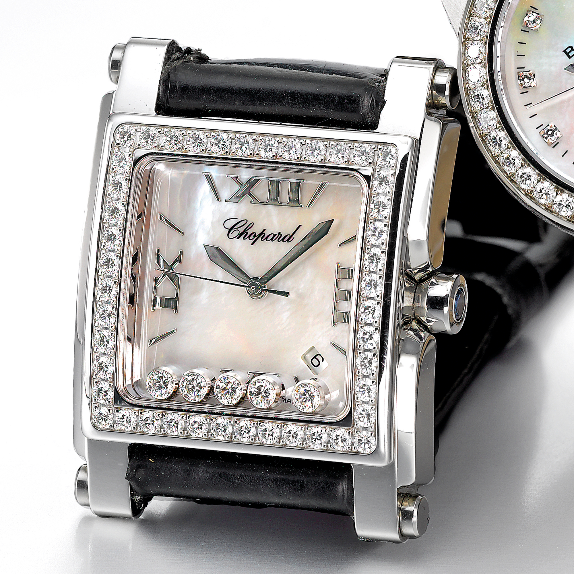 Chopard, A LADY'S SQUARE STAINLESS STEEL AND DIAMOND SET CENTER SECONDS WRISTWATCH WITH DATE CIRCA 2000 HAPPY SPORT