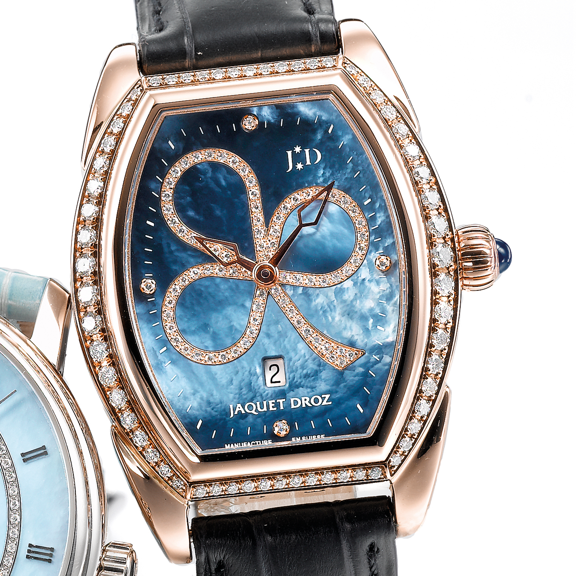 Jaquet Droz, A LADY'S PINK GOLD AND DIAMOND SET AUTOMATIC TONNEAU FORM WRISTWATCH WITH DATE AND MOTHER-OF-PEARL DIAL CIRCA 2005 NO 83