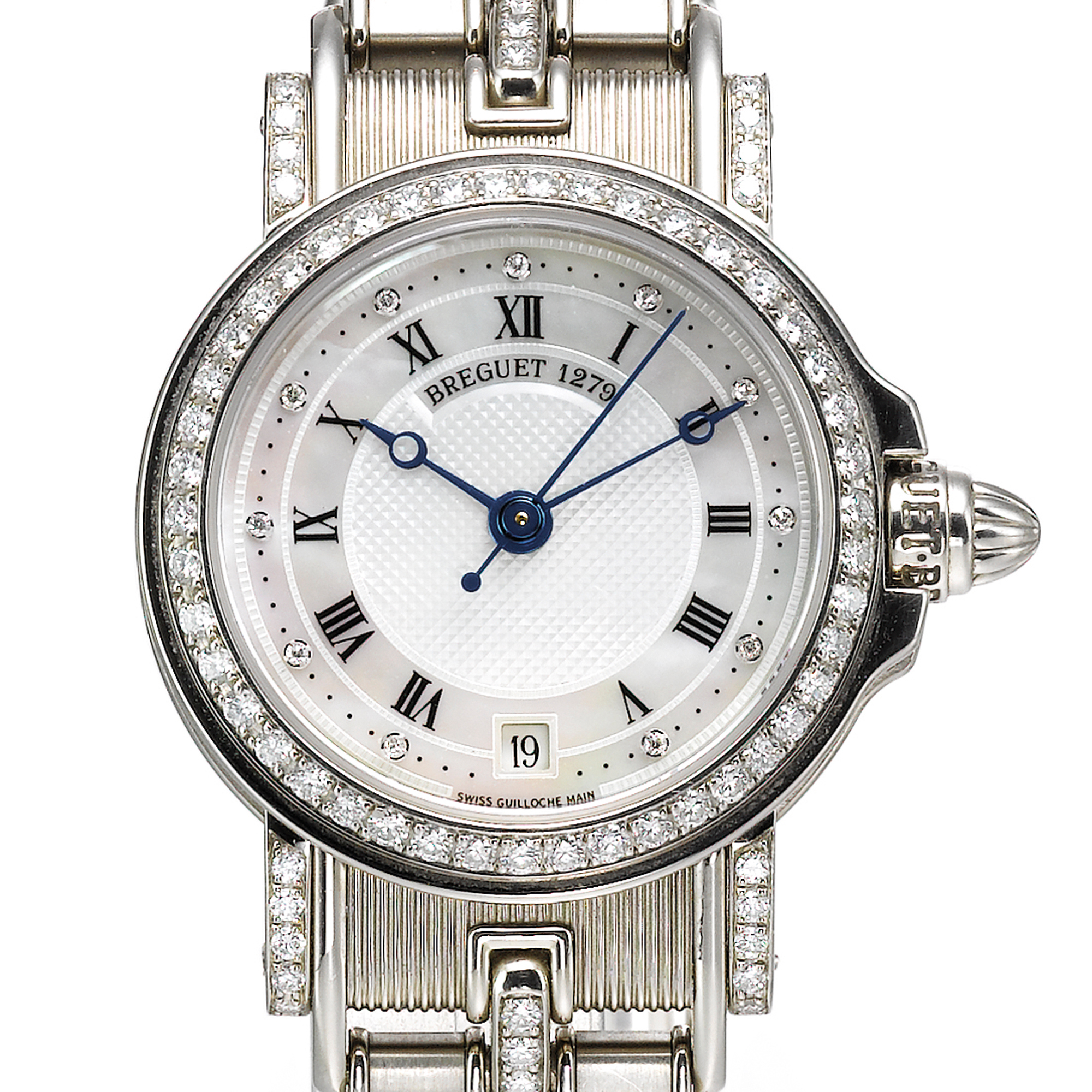 Breguet, A LADY'S WHITE GOLD AND DIAMOND SET AUTOMATIC CENTER SECONDS WRISTWATCH WITH DATE, BRACELET AND MOTHER-OF-PEARL DIAL CIRCA 2000 MARINE
