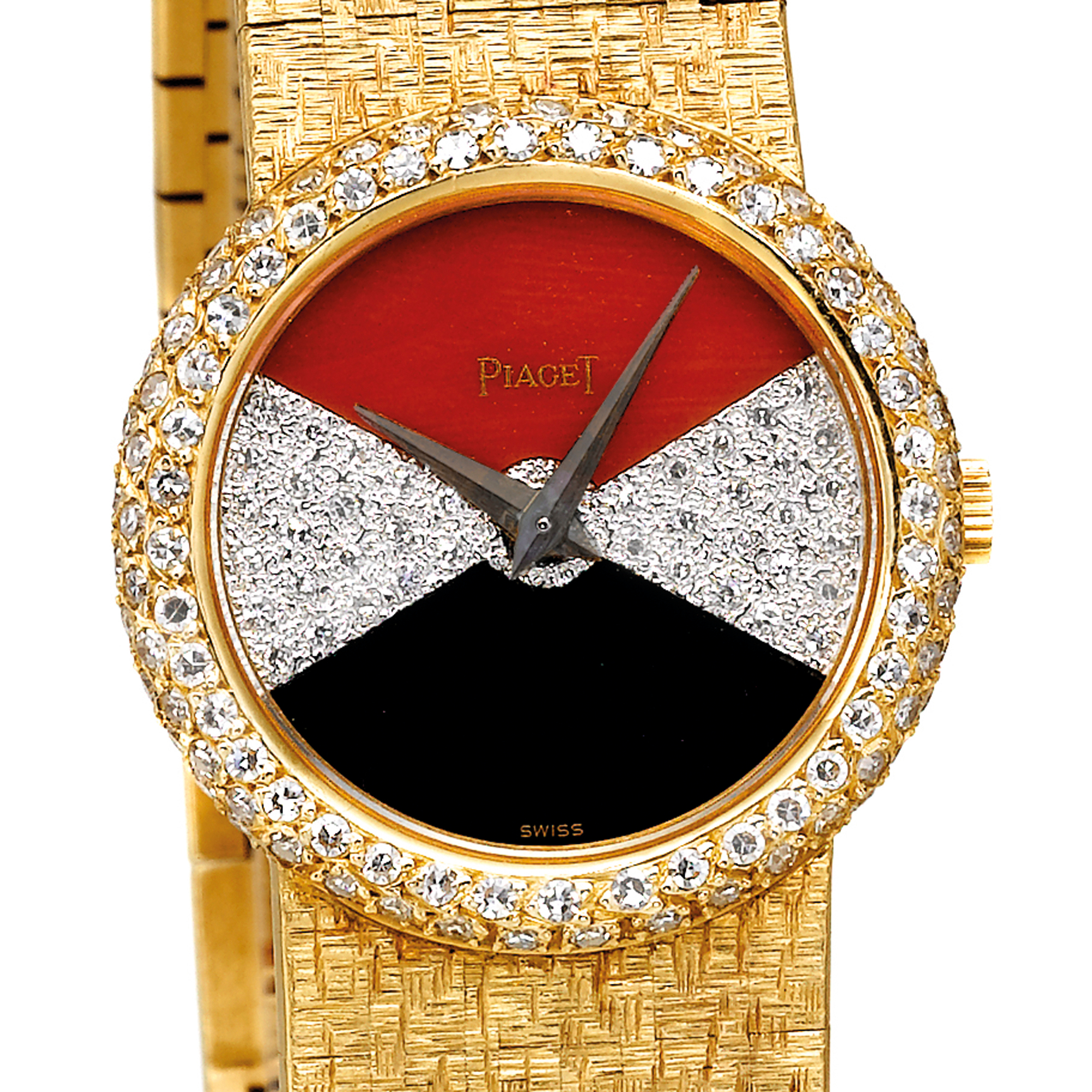Piaget, A LADY'S FINE YELLOW GOLD AND DIAMOND SET BRACELET WATCH WITH CORAL AND OYNX DIAL CIRCA 1980