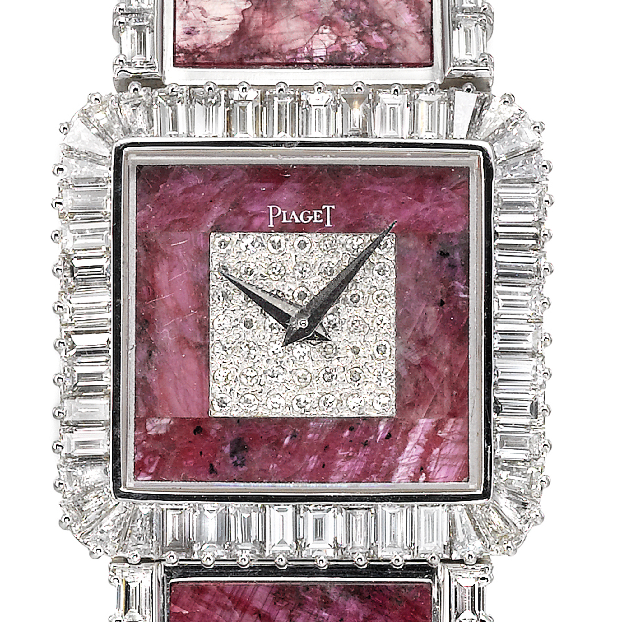 Piaget, A LADY'S FINE WHITE GOLD AND DIAMOND SET SQUARE BRACELET WATCH INLAID WITH RUBY PLAQUES CIRCA 1985