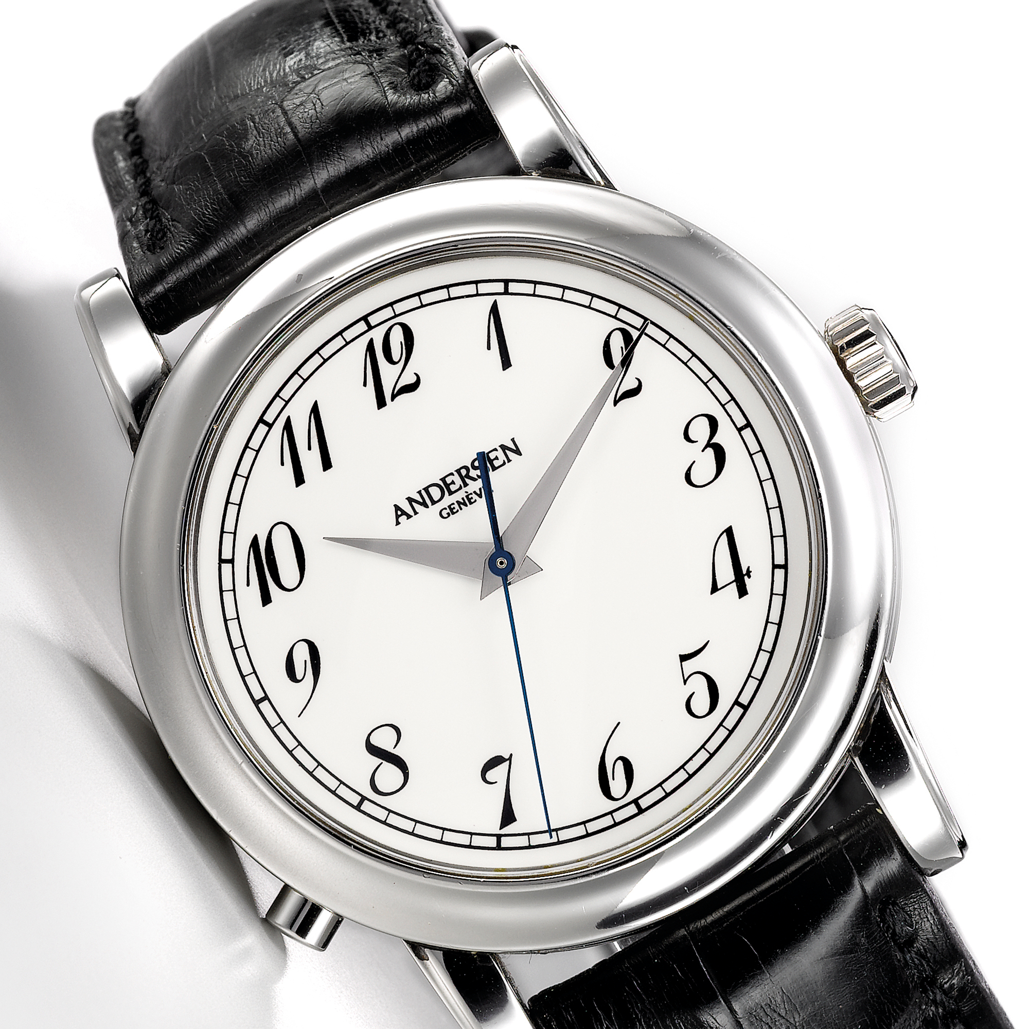 Andersen, A FINE PLATINUM CENTER SECONDS WRISTWATCH WITH REVERSE DIAL OF PAINTED EROTIC AUTOMATON CIRCA 1999 NO 63 POOLSIDE