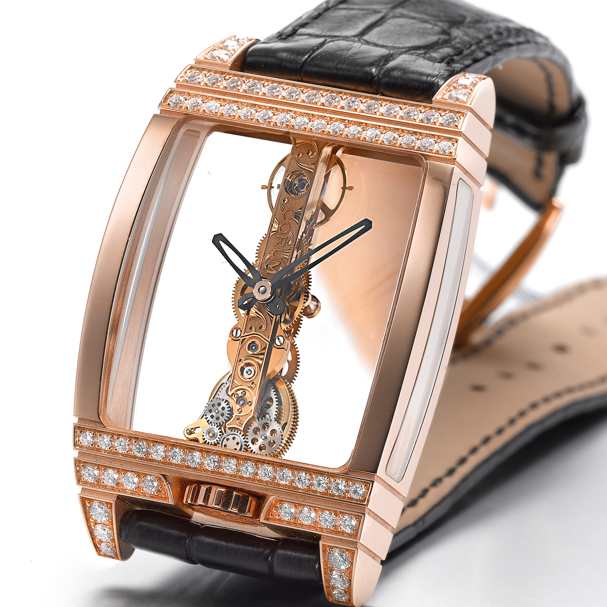 Corum, A FINE LARGE PINK GOLD AND DIAMOND SKELETONIZED TONNEAU FORM WRISTWATCH CIRCA 2005 GOLDEN BRIDGE 50TH ANNIVERSARY