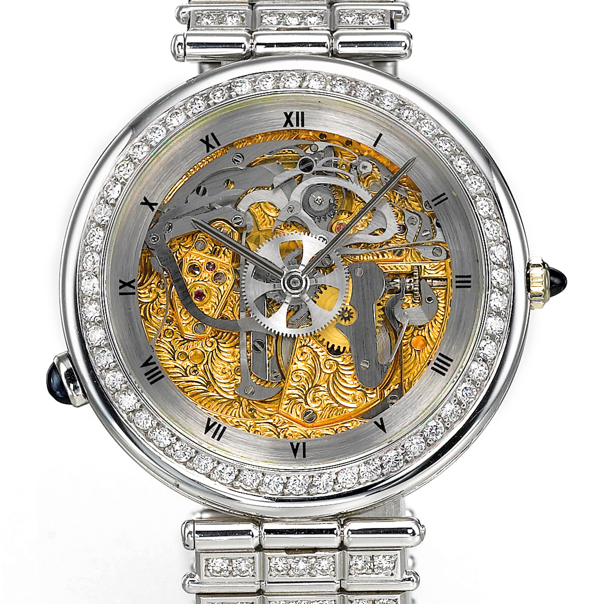 Gerald Genta, A FINE PLATINUM AND DIAMOND SET SKELETONIZED MINUTE REPEATING BRACELET WATCH CIRCA 1990