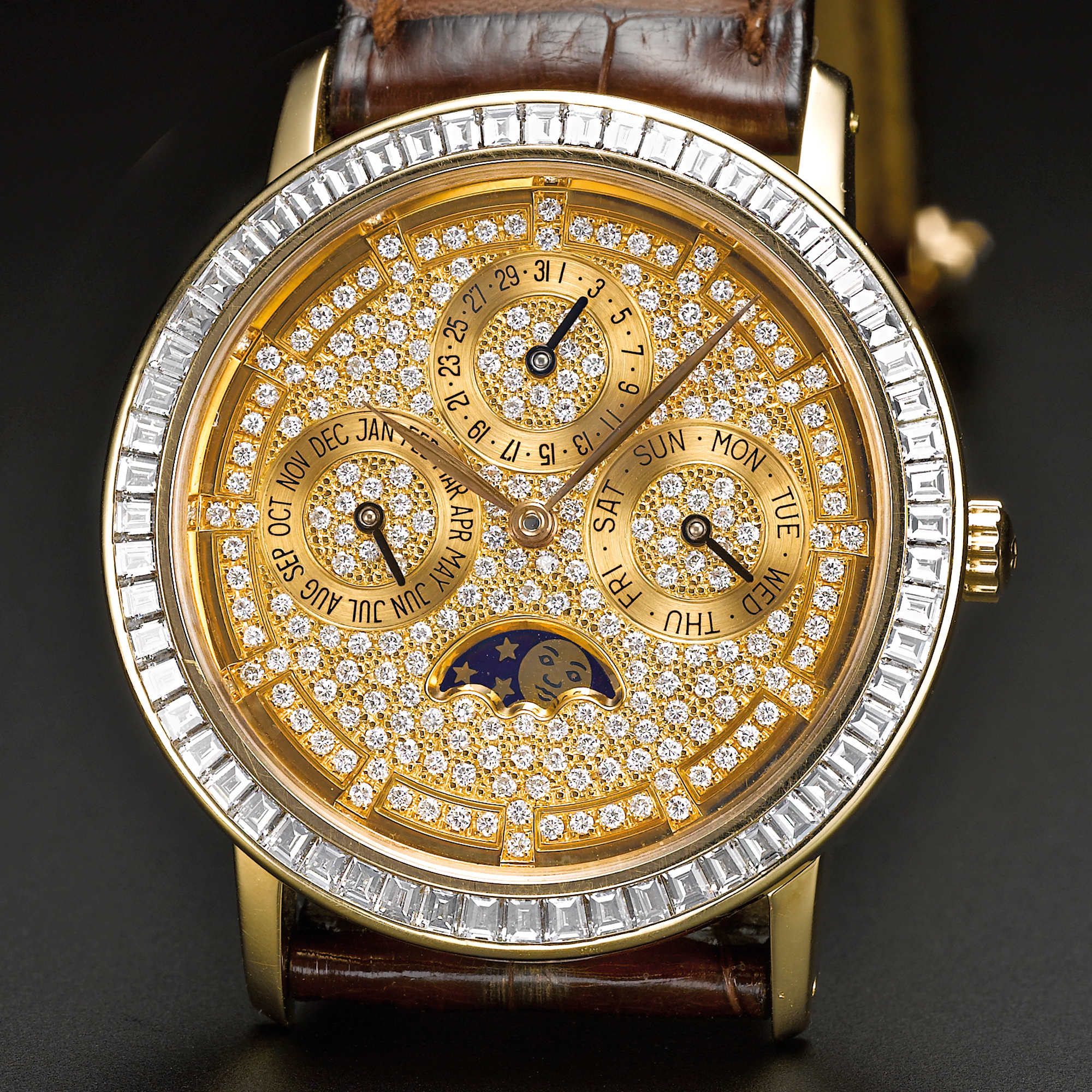 Blancpain, A VERY FINE AND UNIQUE YELLOW GOLD AND DIAMOND SET PERPETUAL CALENDAR MINUTE REPEATING WRISTWATCH WITH MOON-PHASES AND EROTIC AUTOMATON CIRCA 1995 PIECE UNIQUE SET NO 1