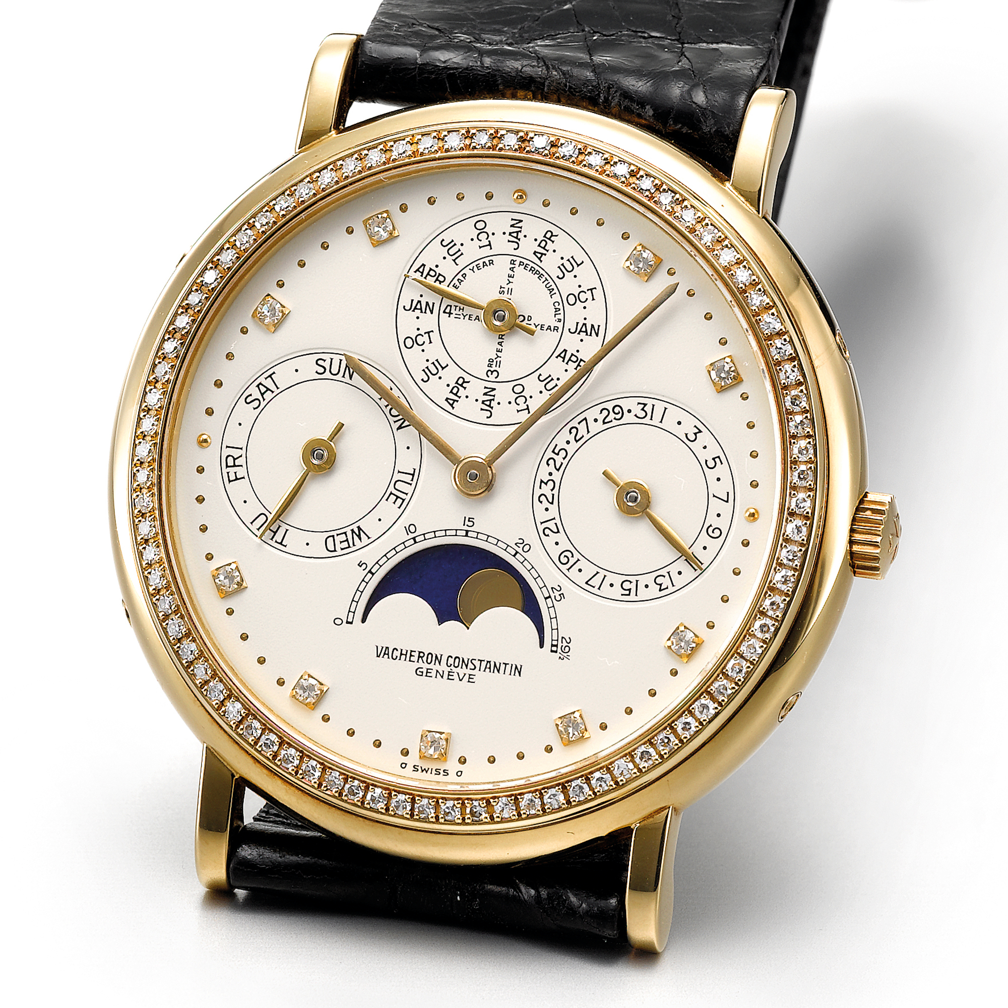 Vacheron Constantin, A FINE YELLOW GOLD AND DIAMOND SET PERPETUAL CALENDAR WRISTWATCH WITH MOON-PHASES AND LEAP YEAR INDICATION CIRCA 1995