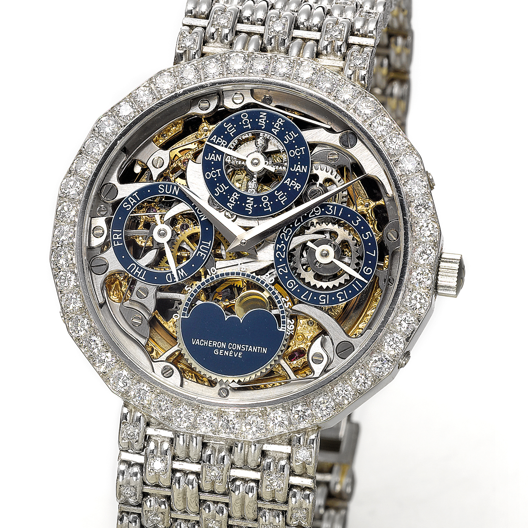 Vacheron Constantin, A FINE PLATINUM AND DIAMOND SET SKELETONIZED AUTOMATIC PERPETUAL CALENDAR BRACELET WATCH WITH MOON-PHASES CIRCA 1988