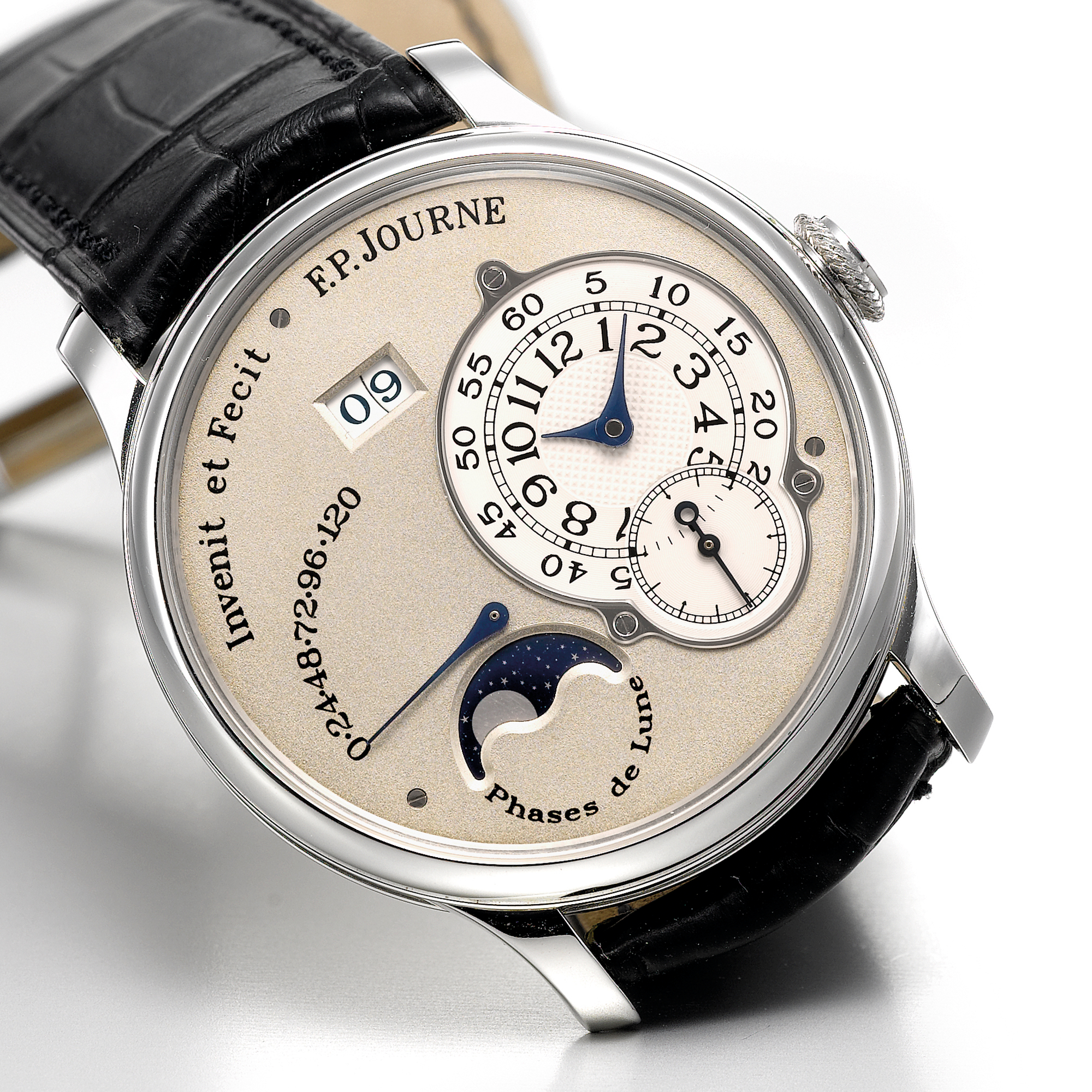 F.P.Journe, A FINE PLATINUM AUTOMATIC WRISTWATCH WITH POWER RESERVE INDICATION, MOON-PHASES AND DATE CIRCA 2005 OCTA LUNE NO  061-03L