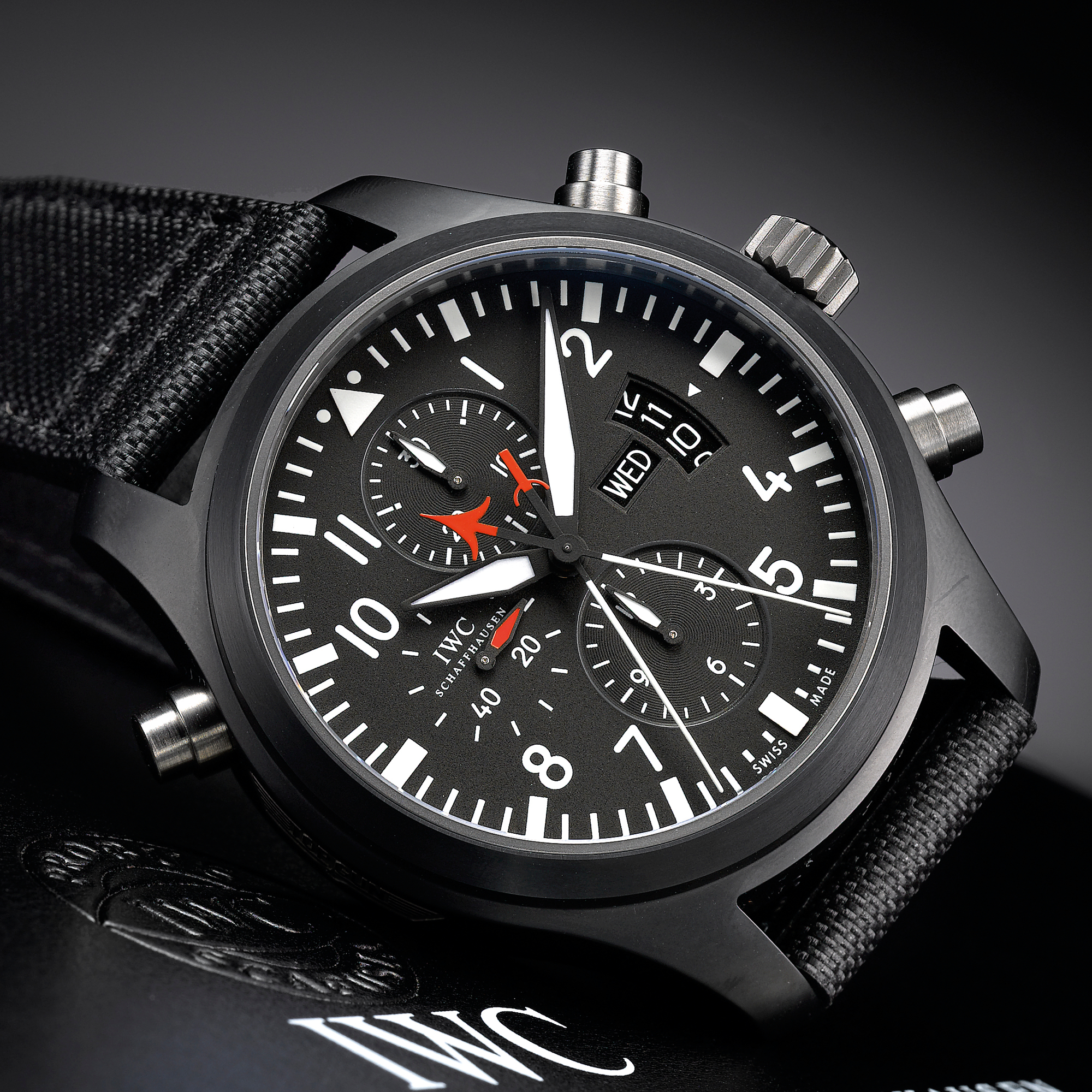 International Watch Co., A LARGE LIMITED EDITION BLACK CERAMIC AUTOMATIC SPILT SECONDS CHRONOGRAPH WRISTWATCH WITH DAY, DATE AND REGISTERS CIRCA 2006 PILOT'S WATCH TOP GUN