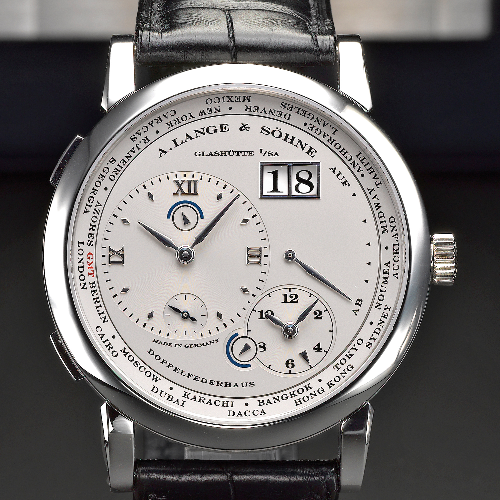 A.Lange & Söhne, A FINE AND RARE PLATINUM DUAL TIME ZONE AND WORLD TIME WRISTWATCH WITH OVERSIZED DATE, POWER RESERVE AND DAY & NIGHT INDICATION CIRCA 2006 LANGE 1 TIME ZONE