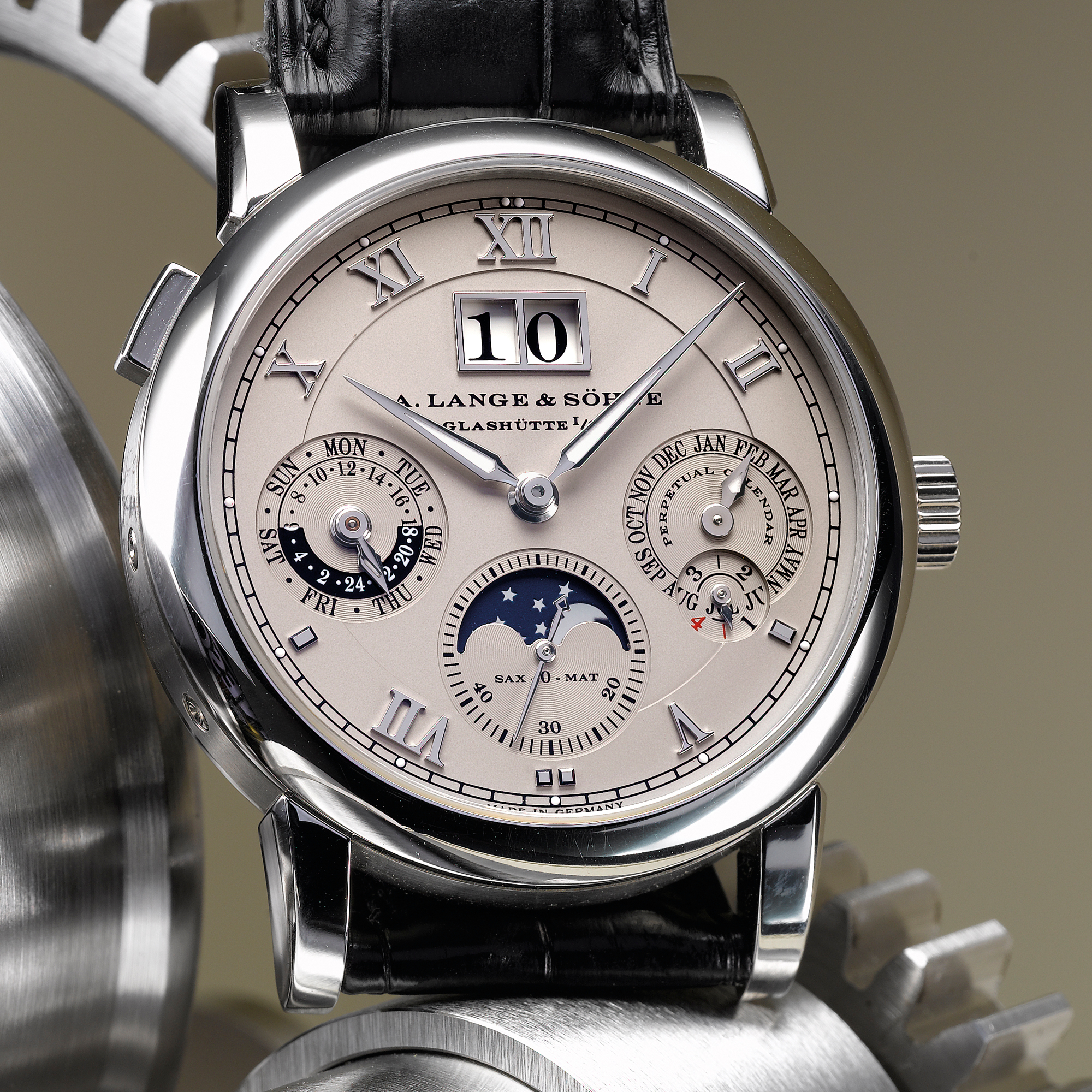 A. Lange & Sohne, A FINE AND RARE PLATINUM PERPETUAL CALENDAR WRISTWATCH WITH OVERSIZED DATE, MOON-PHASES, 24-HOUR INDICATION AND ZERO-RESET FUNCTION CIRCA 200X SAX-0-MAT LANGEMATIK PERPETUAL
