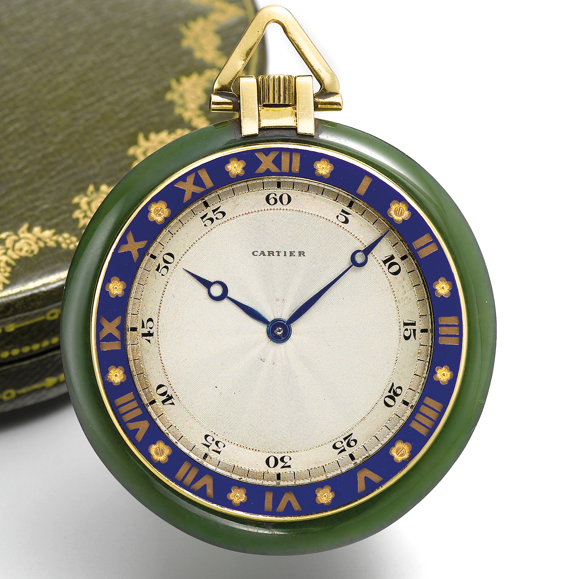 Cartier, A VERY FINE AND RARE YELLOW GOLD, BLUE ENAMEL AND NEPHRITE ART DECO KEYLESS OPEN-FACED WATCH CIRCA 1920 MONTRE DE POCHE DE TAXI