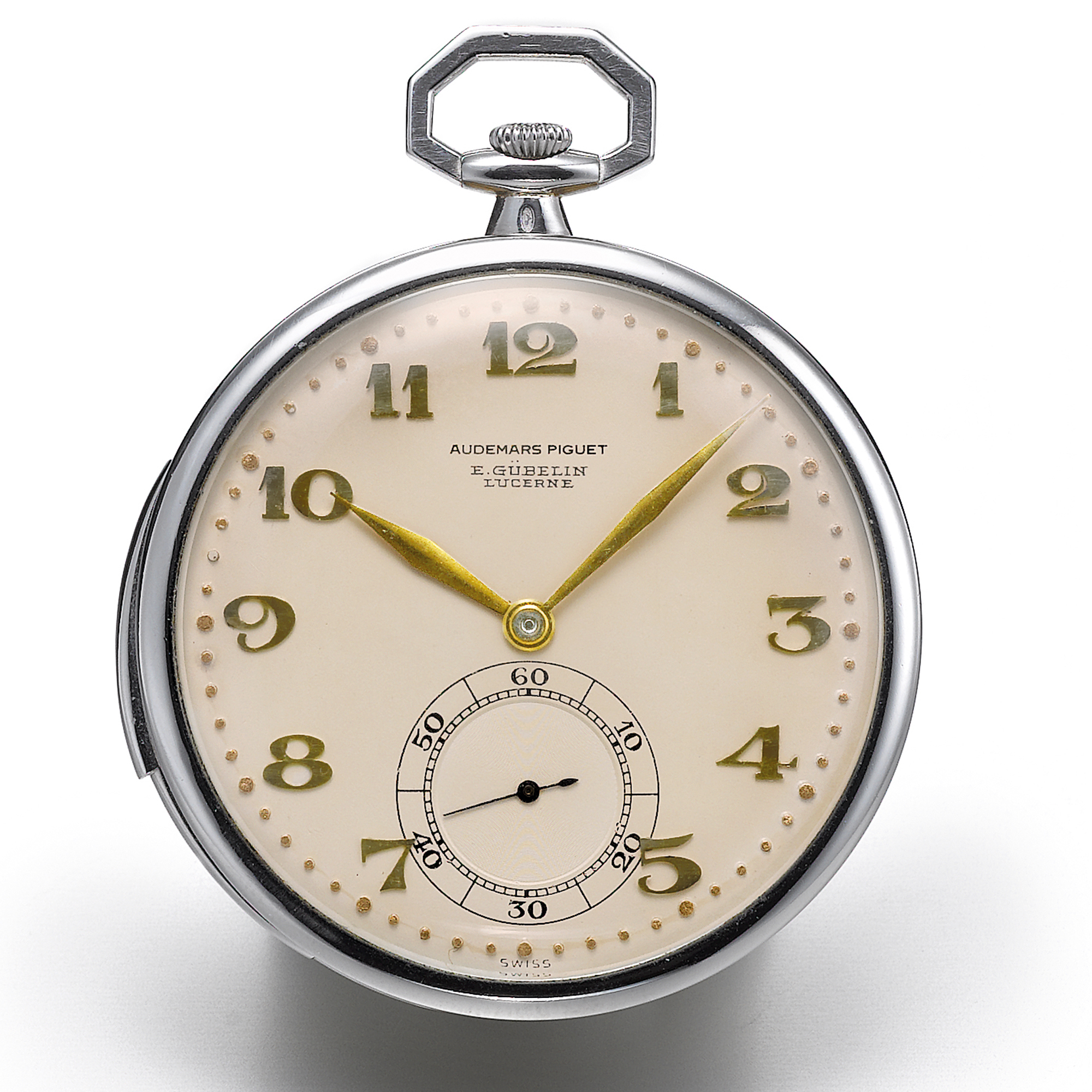 Audemars Piguet, A TWO COLOR GOLD KEYLESS LEVER OPEN-FACED MINUTE REPEATING WATCH RETAILED BY E. GUBELIN LUCERNE CIRCA 1920