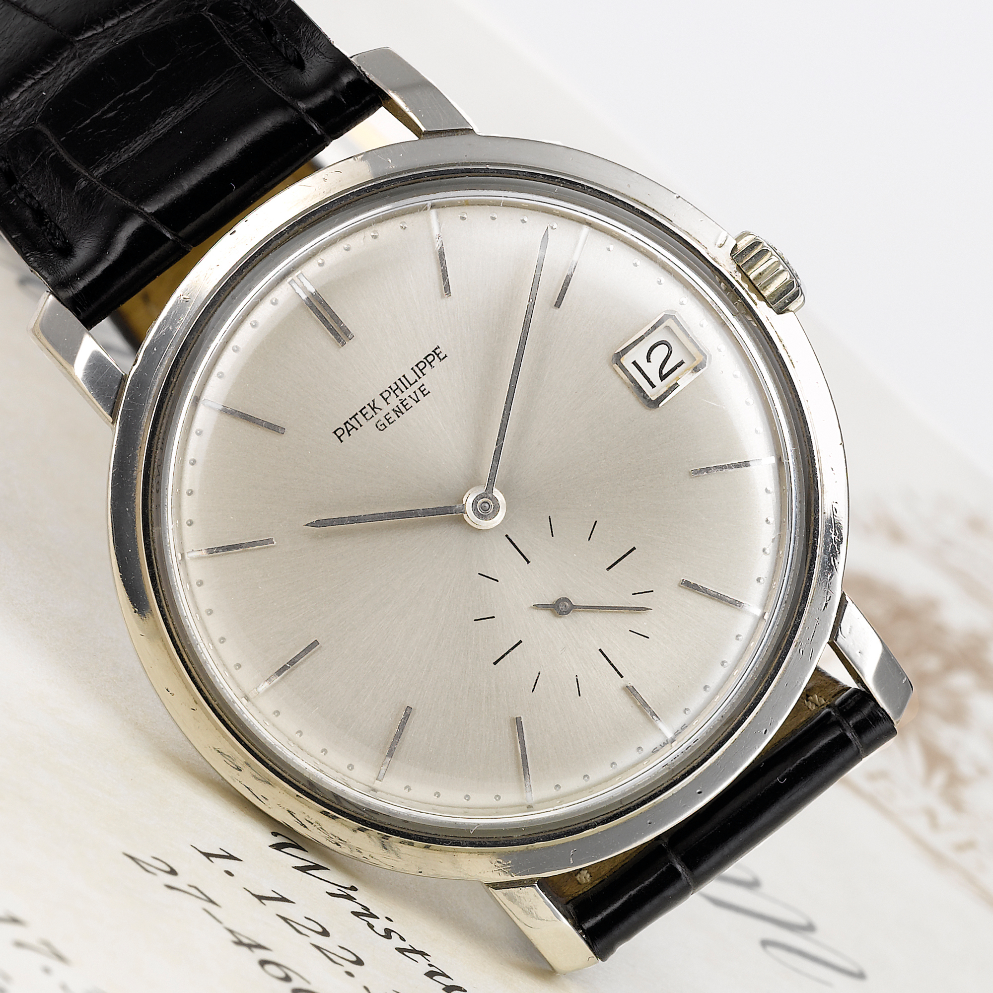 Patek Philippe, A FINE WHITE GOLD AUTOMATIC WRISTWATCH WITH DATECIRCA 1964 REF 3445G MONODATE MVT 1122340 CASE 317361