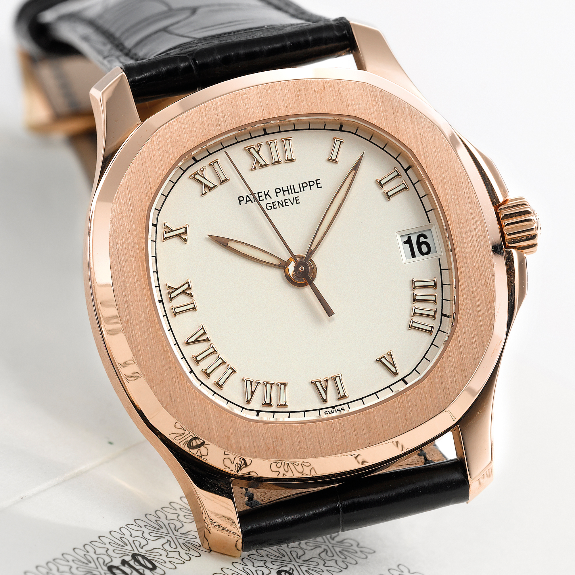 Patek Philippe, AN 18K PINK GOLD CUSHION FORM CENTER SECONDS WRISTWATCH WITH DATE CIRCA 2004 REF 5060R AQUANAUT MVT 3034672 CASE 4279913