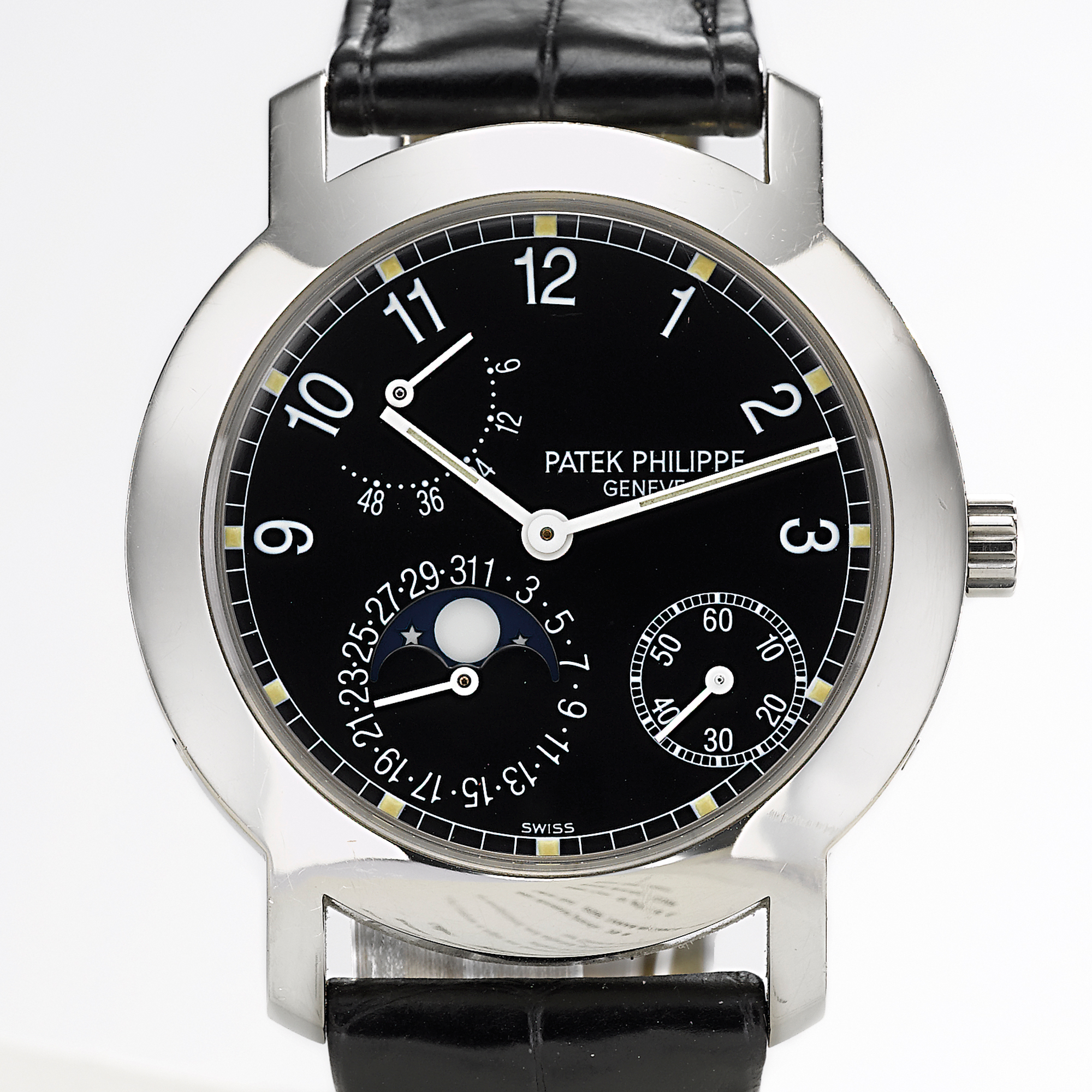 Patek Philippe, A FINE WHITE GOLD AUTOMATIC WRISTWATCH WITH DATE, MOON-PHASES AND POWER RESERVE INDICATION CIRCA 2001 REF 5055G MVT 3109336 CASE 4023377