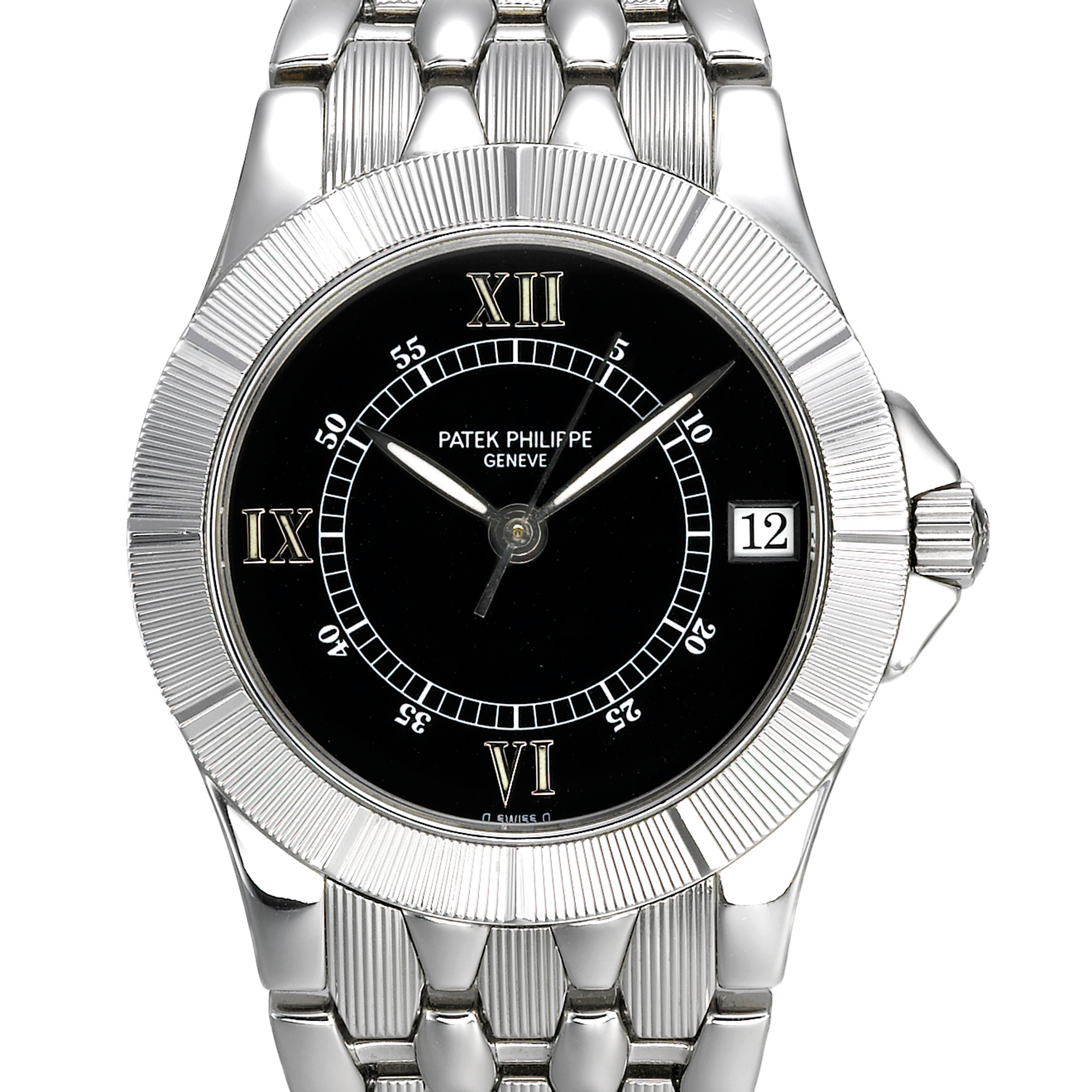 Patek Philippe, A STAINLESS STEEL AUTOMATIC TONNEAU FORM CENTER SECONDS BRACELET WATCH WITH DATE CIRCA 1996 REF 5080/1A NEPTUNE MVT 3004390 CASE 4001909 