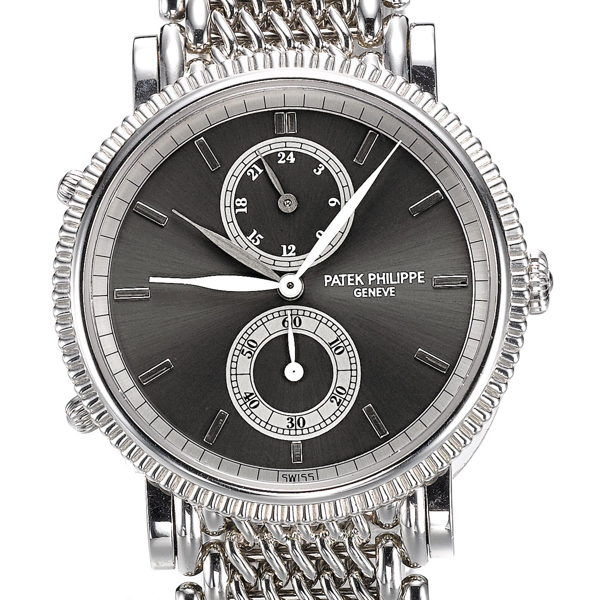 Patek Philippe, A FINE WHITE GOLD DUAL TIME ZONE WRISTWATCH WITH 24-HOUR INDICATION AND BRACELET CIRCA 1999 REF 5034G TRAVEL TIME MVT 3081826 CASE 4051773