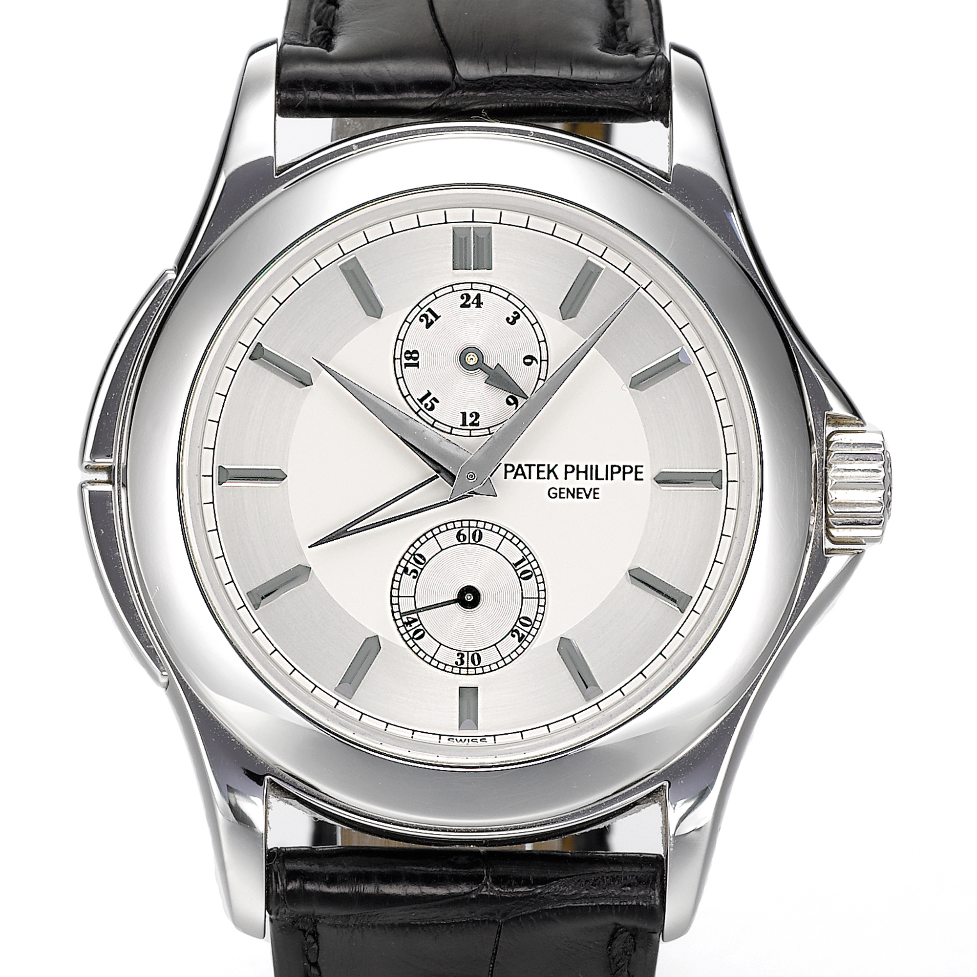 Patek Philippe, A FINE AND RARE PLATINUM DUAL TIME ZONE WRISTWATCHWITH 24-HOUR INDICATION CIRCA 2004 REF 5134P CALATRAVA TRAVEL TIME MVT 3087919 CASE 4264693