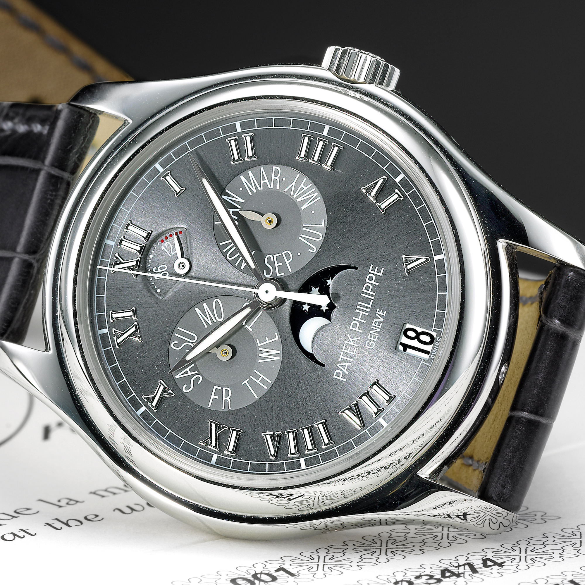 Patek Philippe, A FINE PLATINUM AUTOMATIC CENTER SECONDS ANNUAL CALENDAR WRISTWATCH WITH MOON-PHASES AND POWER RESERVE INDICATION CIRCA 2004 REF 5056P MVT 3288286 CASE 4223474 