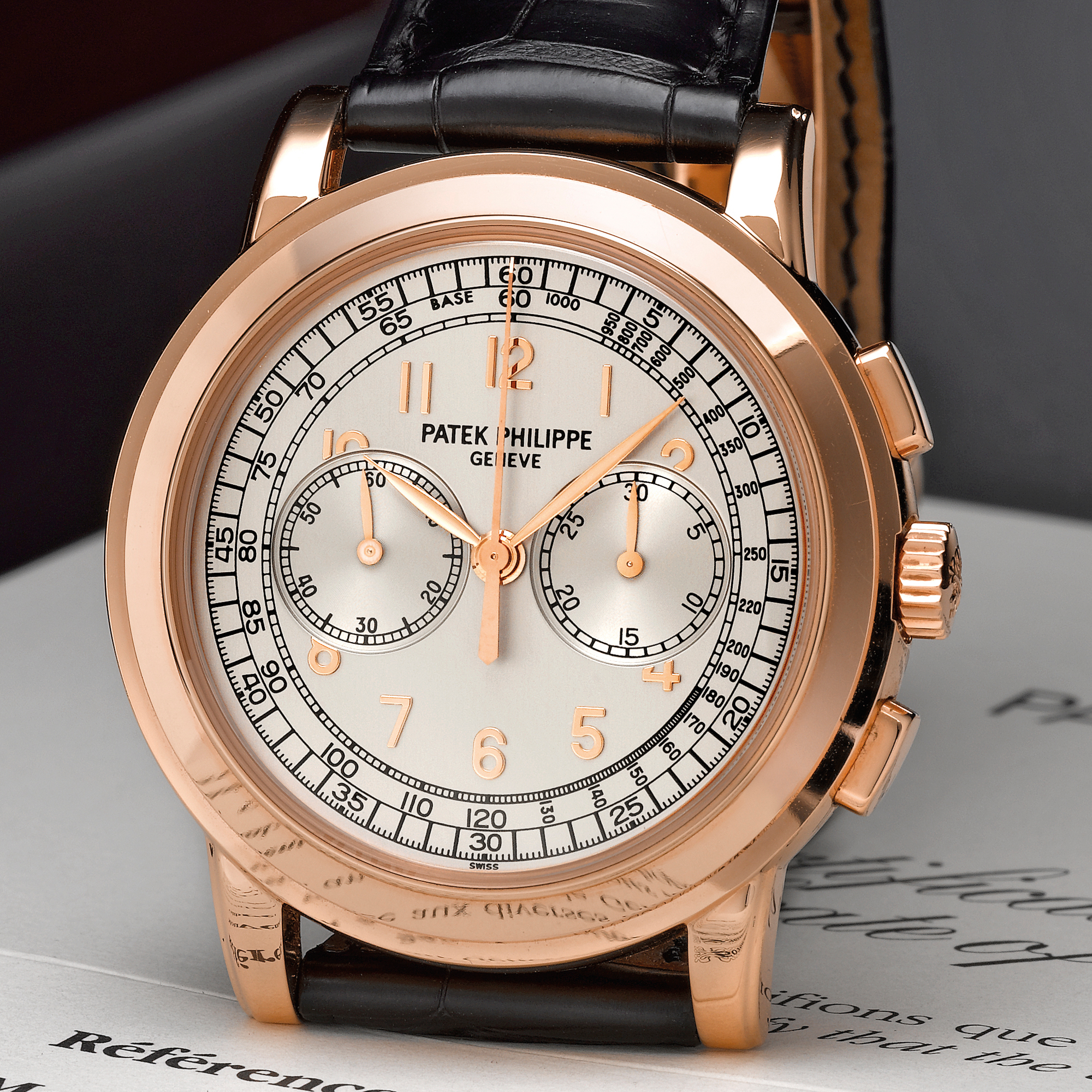 Patek Philippe, A FINE AND RARE OVERSIZED PINK GOLD CHRONOGRAPH WRISTWATCH WITH REGISTERS AND TACHYMETER AND REGISTERS REF 5070R MVT 3362823 CASE 4337599