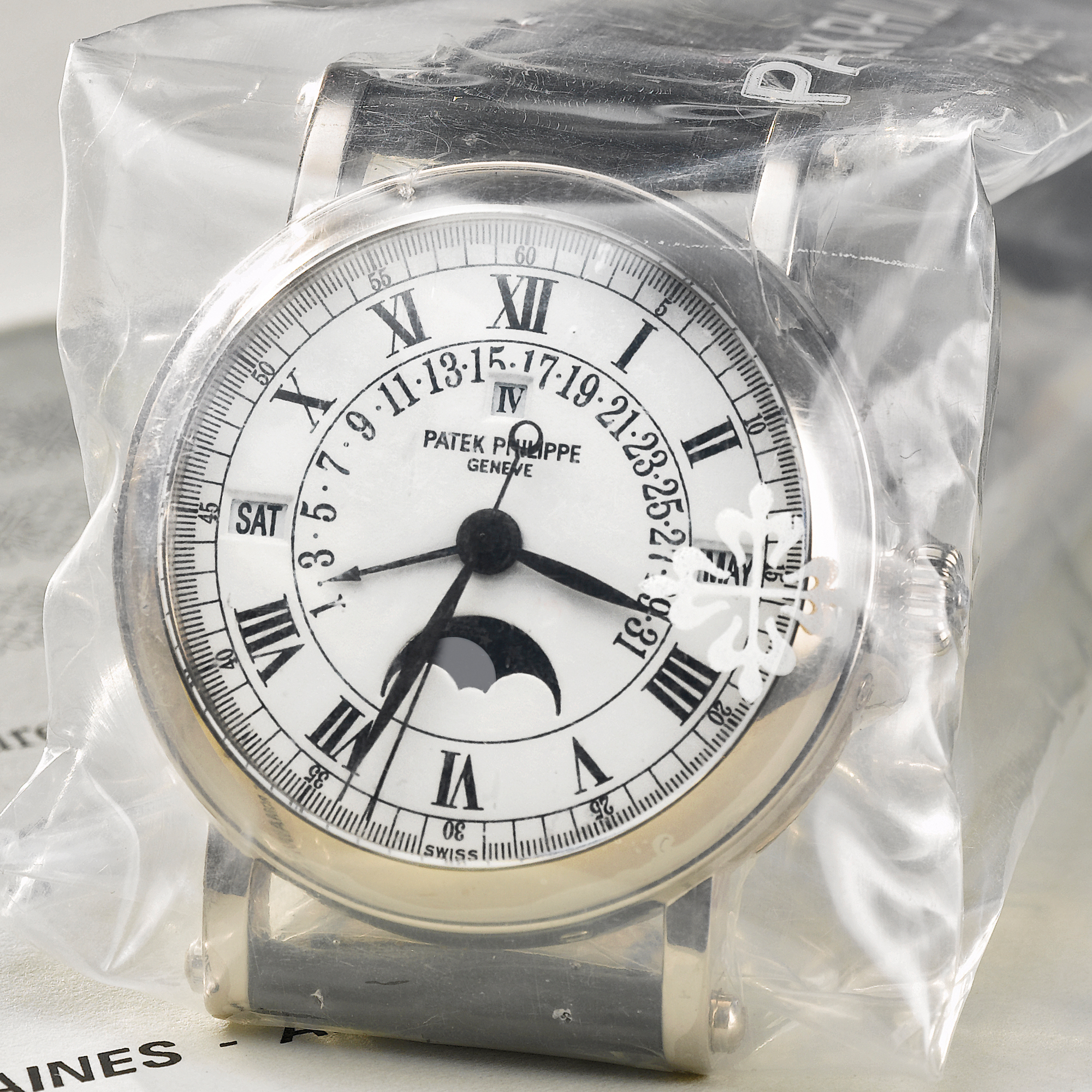 Patek Philippe, A FINE WHITE GOLD AUTOMATIC CENTER SECONDS RETROGRADE PERPETUAL CALENDAR WRISTWATCH WITH MOON-PHASES AND LEAP YEAR INDICATION CIRCA 2007 REF 5059G MVT 3410425 CASE 4383173