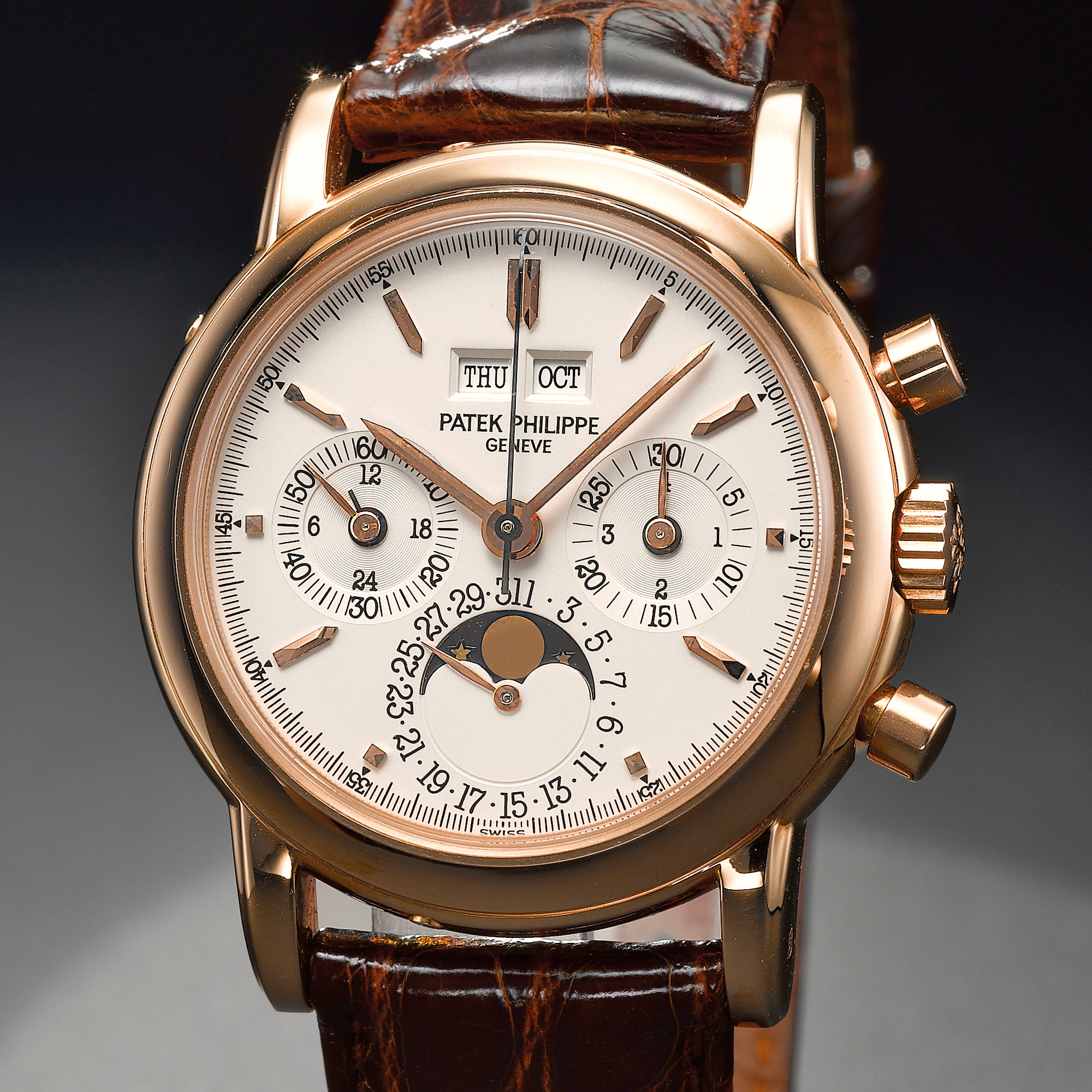 Patek Philippe, A FINE AND RARE PINK GOLD PERPETUAL CALENDAR CHRONOGRAPH WRISTWATCH WITH MOON-PHASES REGISTER, 24-HOUR AND LEAP YER INDICATION CIRCA 2004 REF 3970ER MVT 876864 