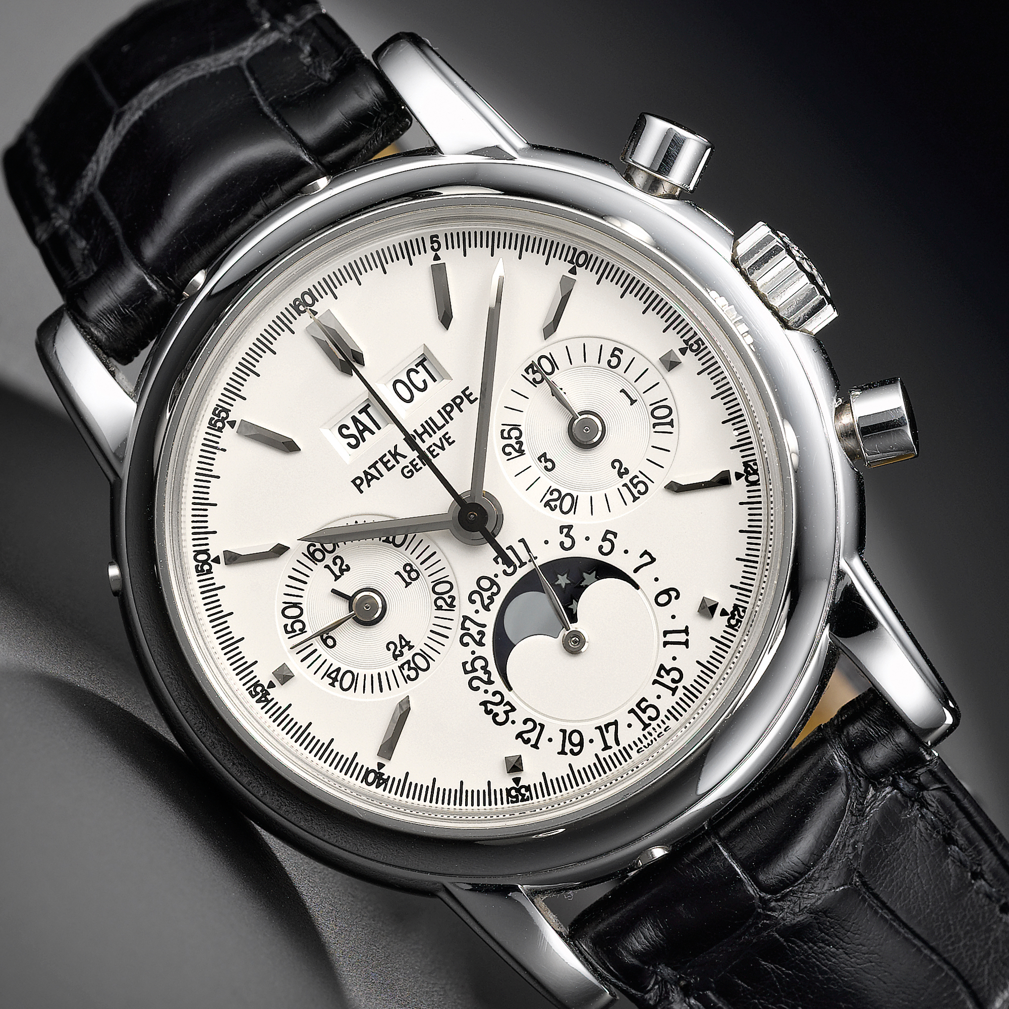 Patek Philippe, A FINE AND RARE PLATINUM PERPETUAL CALENDAR CHRONOGRAPH WRISTWATCH WITH REGISTER MOON-PHASES, 24-HOUR AND LEAP YEAR INDICATION CIRCA 2003 REF 3970P MVT 3046910 CASE 4197868