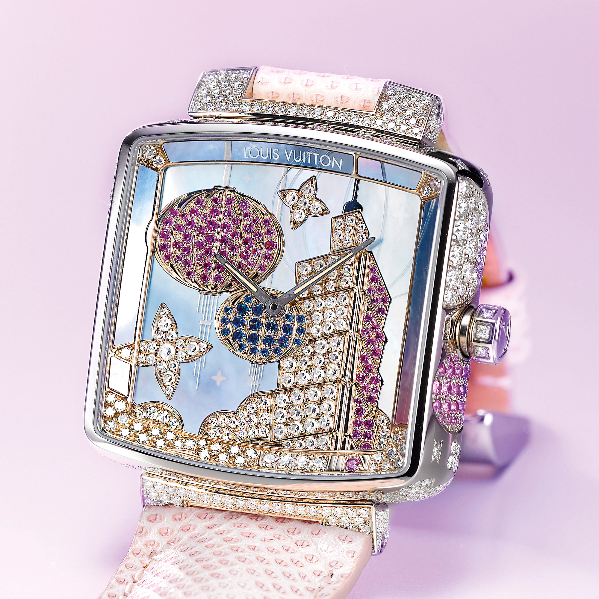 Louis Vuitton, A LADY'S FINE LIMITED EDITION WHITE GOLD, DIAMOND AND COLORED SAPPHIRE SET RECTANGULAR WRISTWATCH WITH MOTHER-OF-PEARL DIAL CIRCA 2007 SPEEDY TWILIGHT TAIPEI NO 8/10