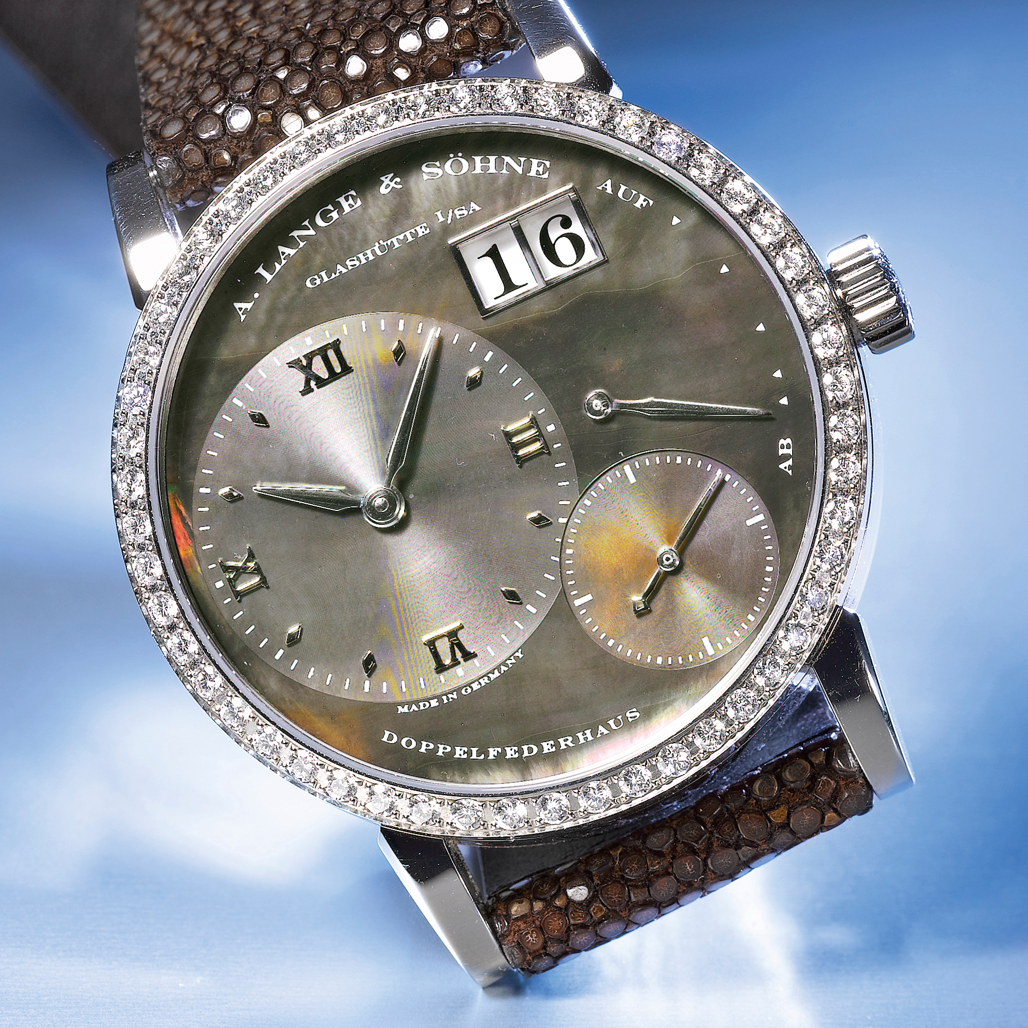 A.Lange & Söhne,  A LADY'S FINE AND RARE LIMITED EDITION WHITE GOLD AND DIAMOND SET WRISTWATCH WITH MOTHER-OF-PEARL DIAL, OVERSIZED DATE AND POWER RESERVE INDICATION CIRCA 2005 LITTLE LANGE 1 SOIREE NO 72/100